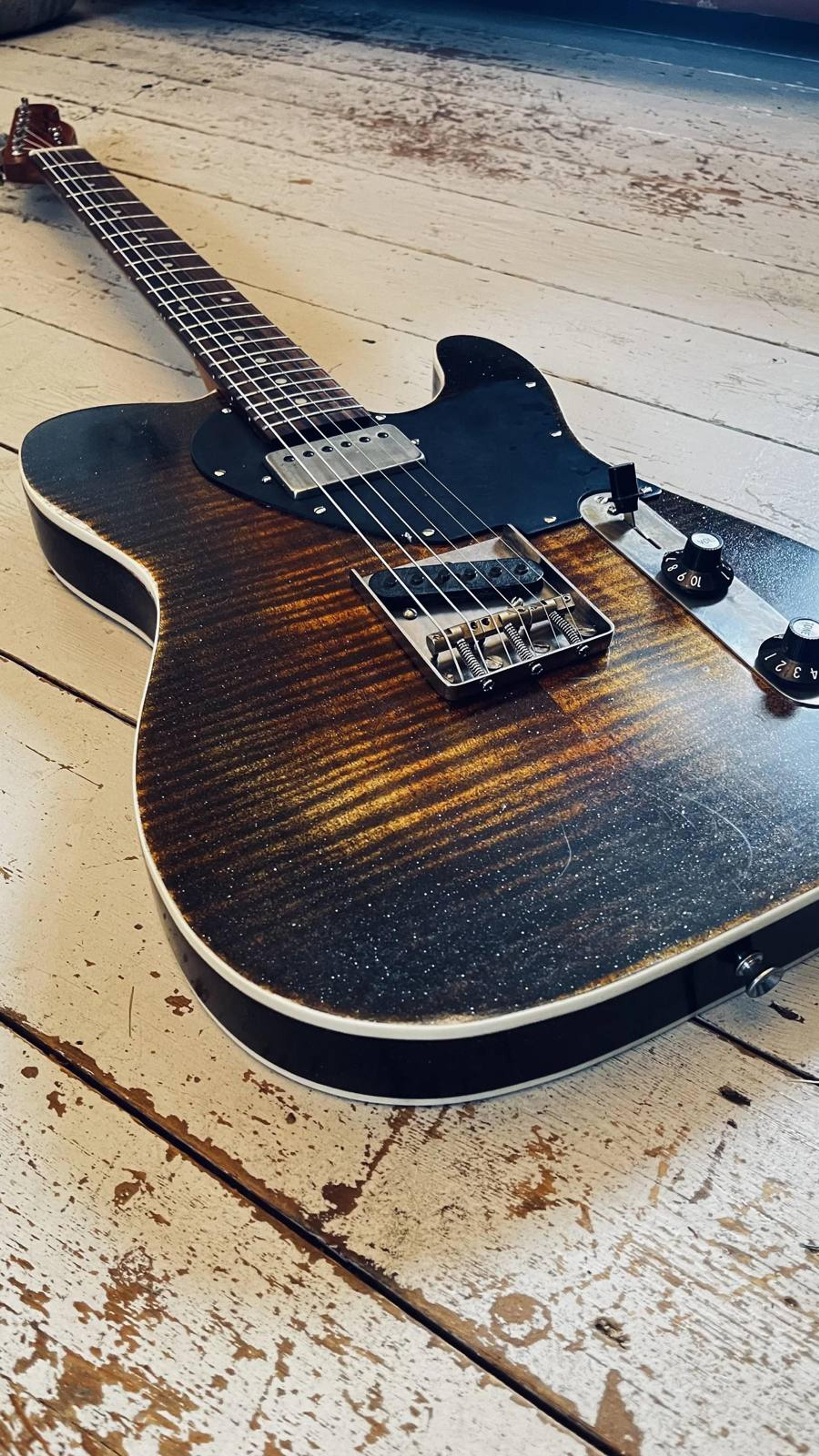 Blind Johns Guitars whisky burst Telecaster, double bound body, flame maple neck - Hand made celluloid acetate pickguard