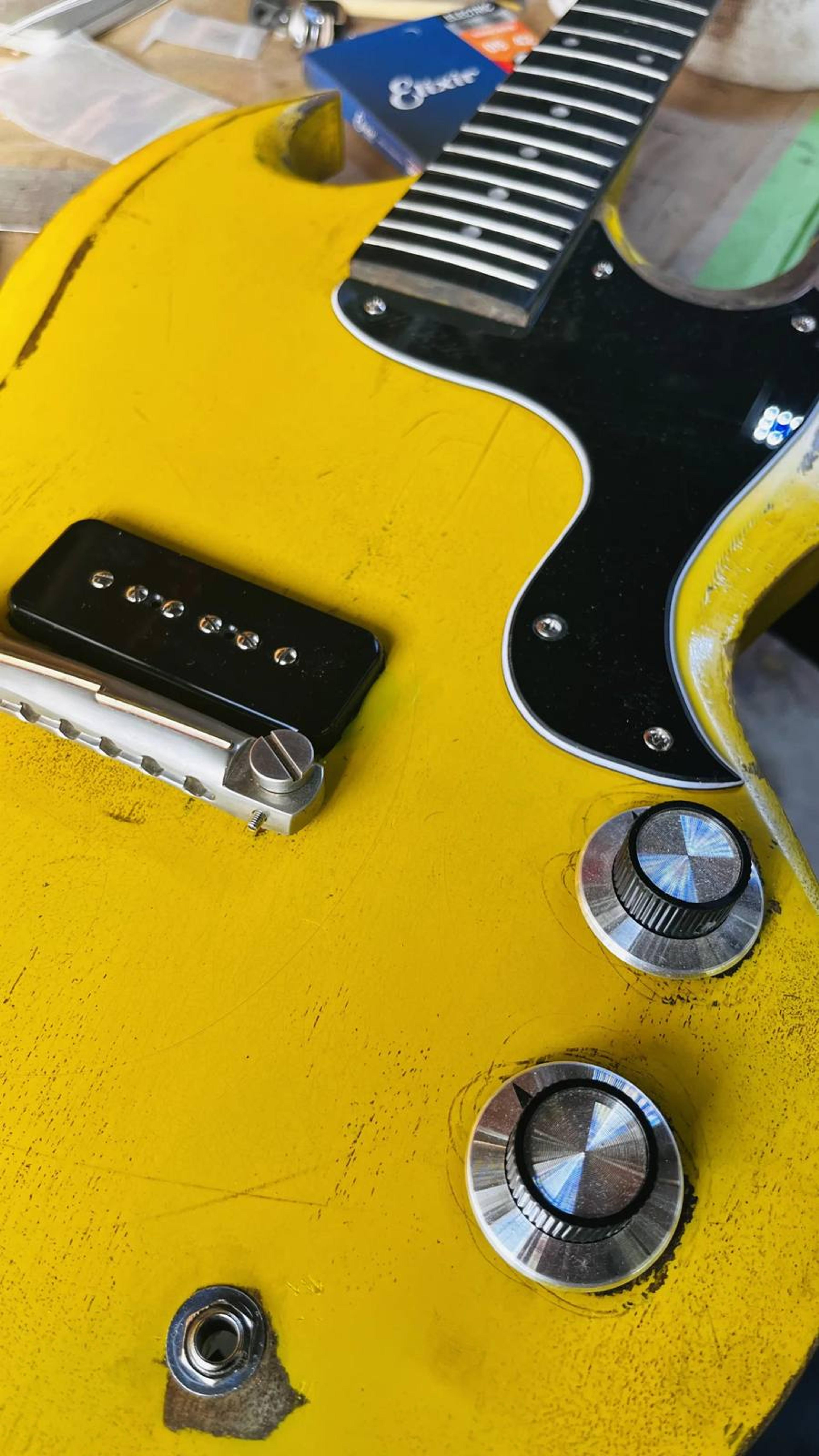 The Kid - SG Jnr style double cut - set neck - relic guitar no 4 in Positano Yellow build shot 4