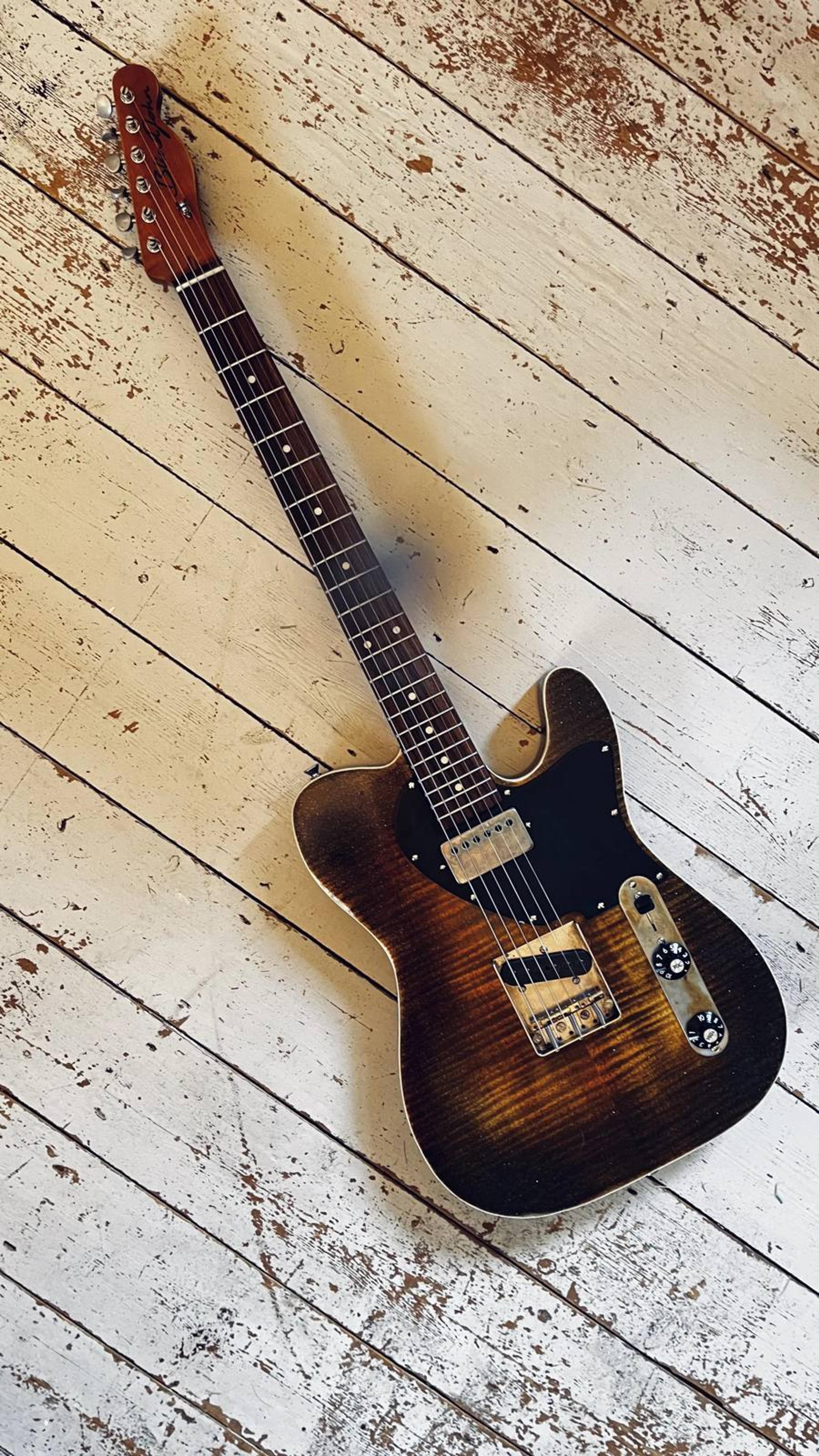 Blind Johns Guitars whisky burst Telecaster, double bound body, flame maple neck - Hand made celluloid acetate pickguard - full view