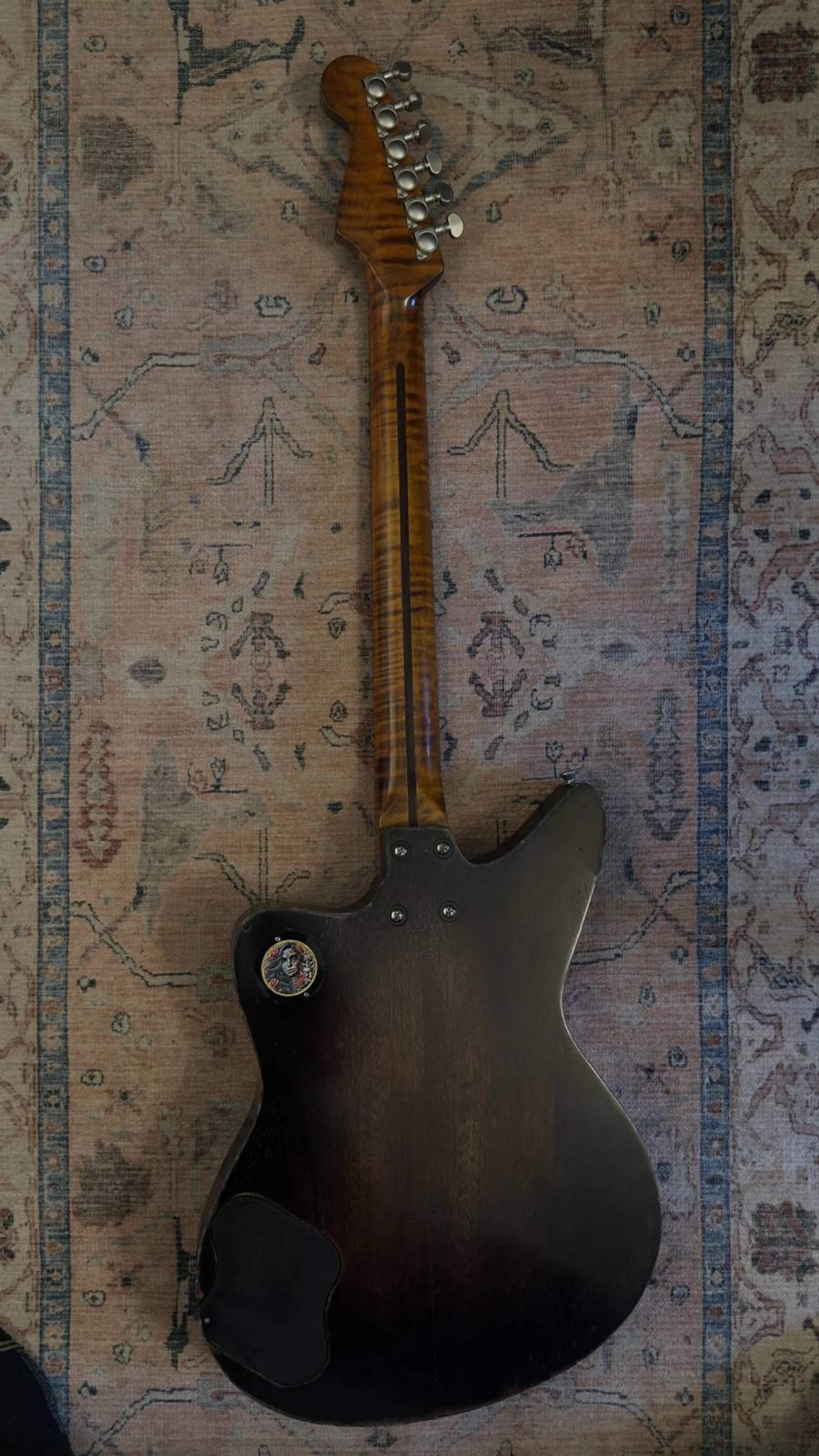 The DeVille - semi-hollow Offset custom guitar - 1 of 5 - Redburst Flame maple, roasted flame maple neck, satin grovers, jag style trem, Thomas Nilsen 'Big Goldie' pickups - rear full