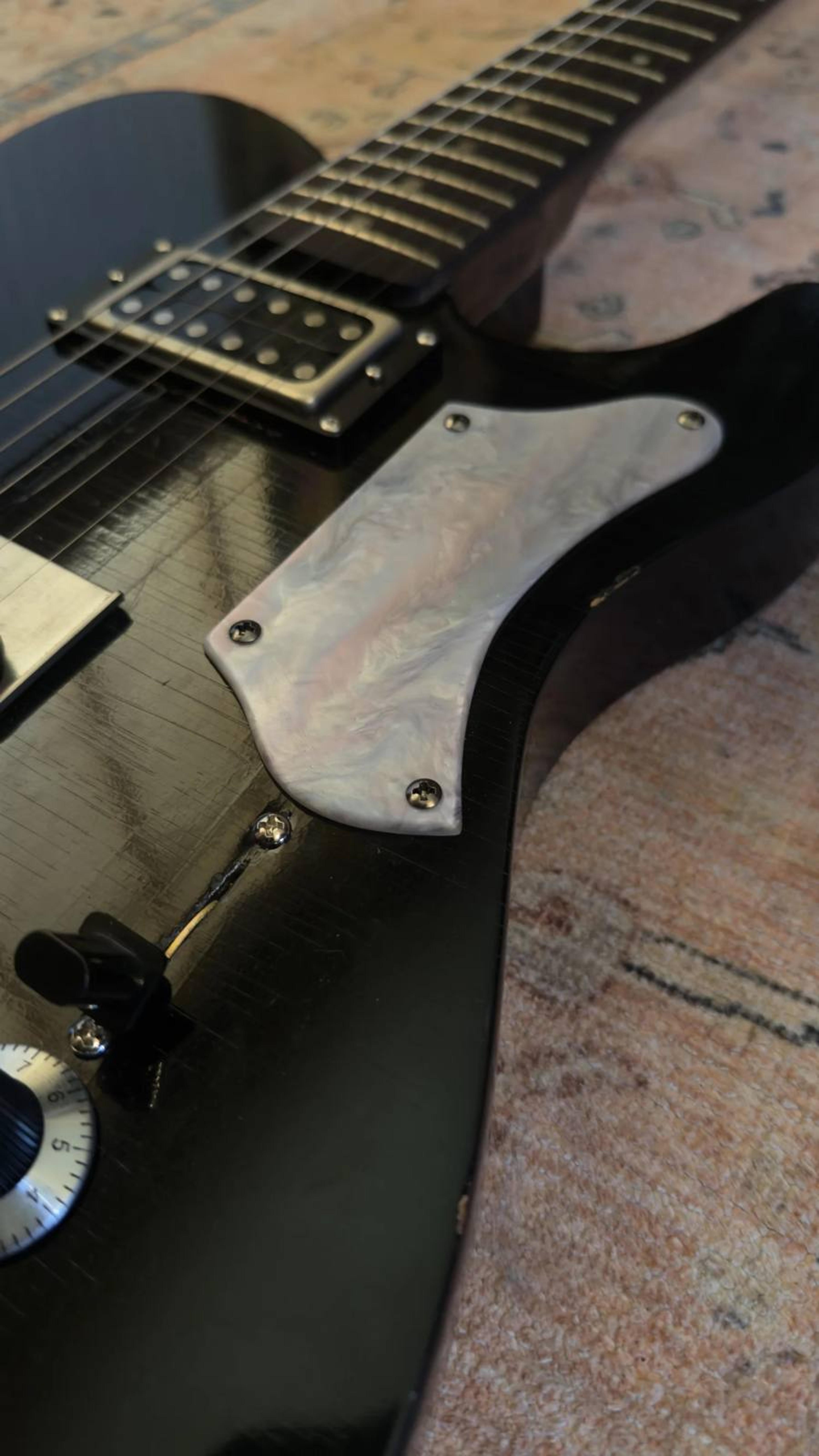 The Magpie - relic black Tele with white pearloid detail - swampified flame maple neck - rear - pearled pickguard one celluloid acetate