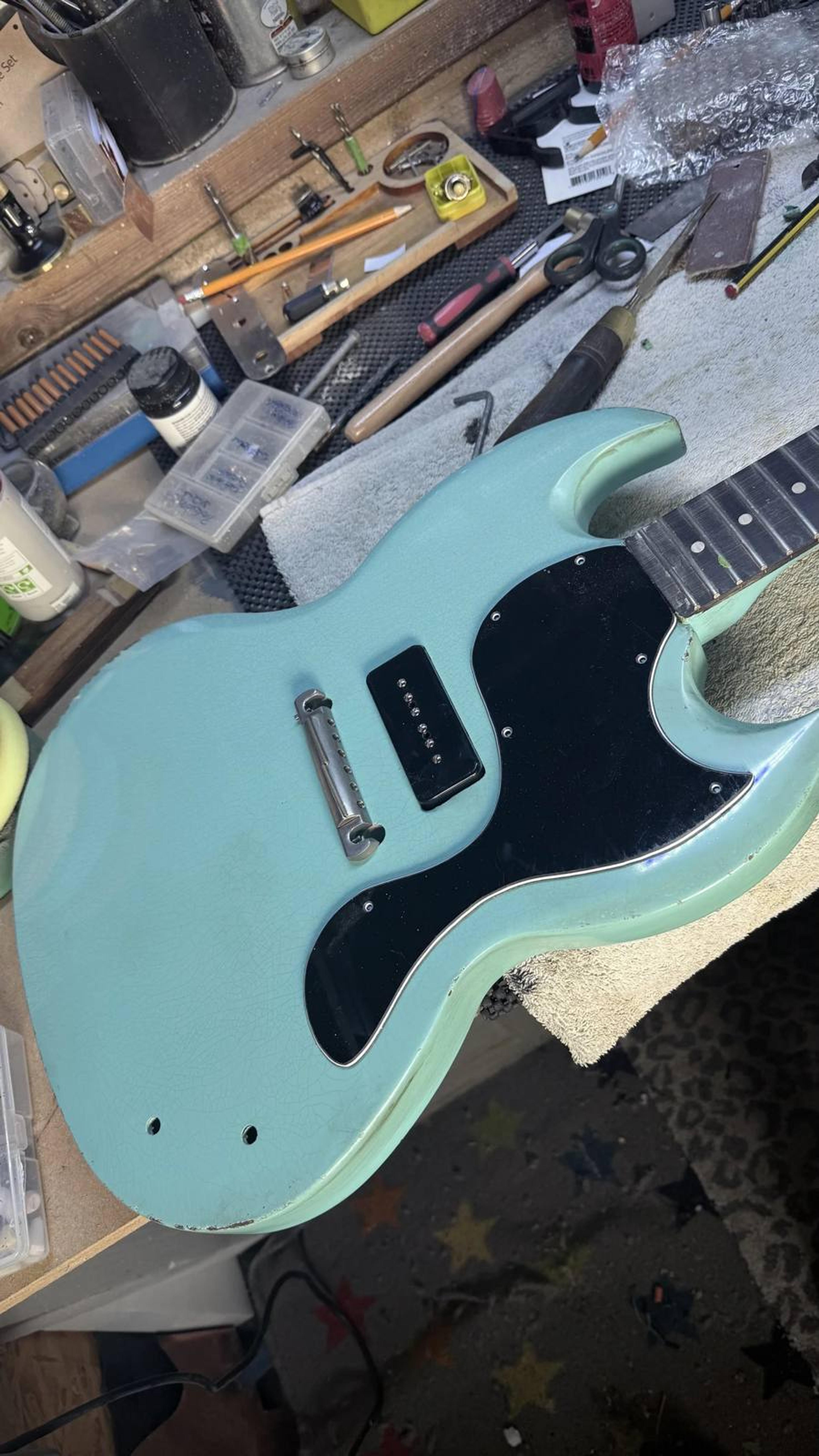 The Kid - SG Jnr style double cut - set neck - relic surf green no 13 with Tort celluloid acetate hand cut pickguard - Thomas Nilsen Dog Ear P90 - Build shot 1