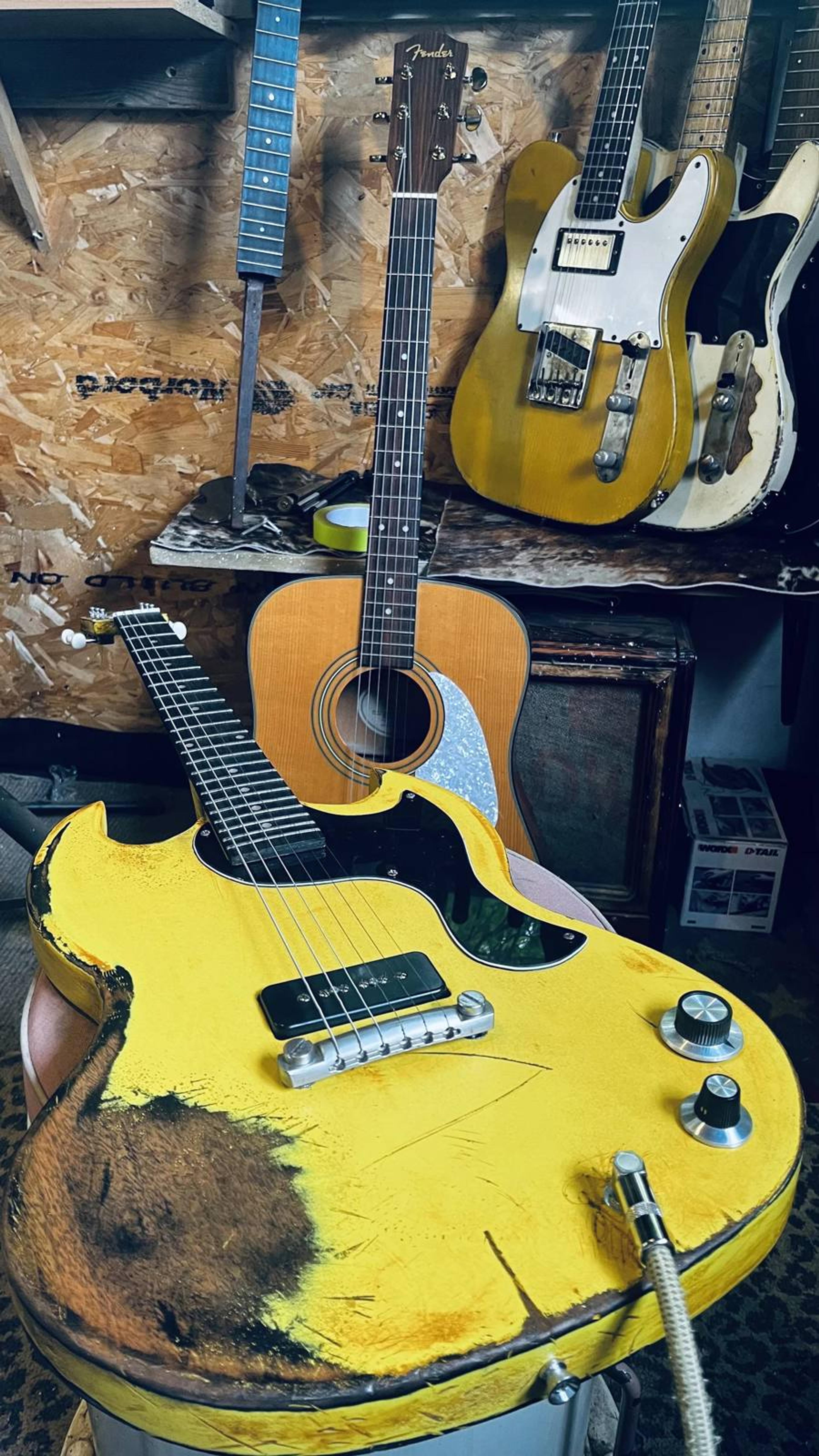 The Kid - SG Jnr style double cut - set neck - heavy relic Positano Yellow - Bareknuckle pickups Mississippi Queen Dog Ear P90