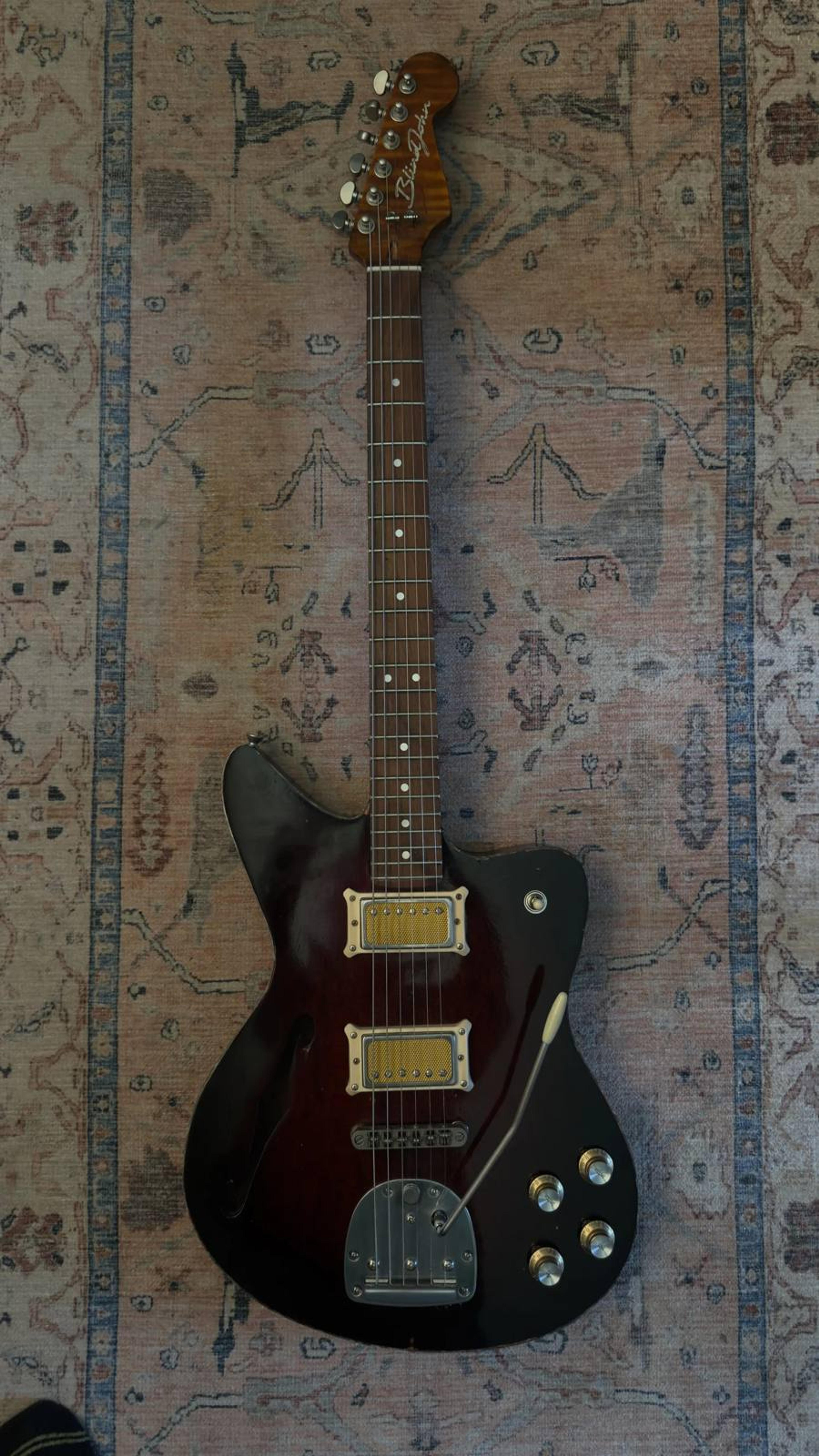 The DeVille - semi-hollow Offset custom guitar - 1 of 5 - Redburst Flame maple, roasted flame maple neck, satin grovers, jag style trem, Thomas Nilsen 'Big Goldie' pickups - full