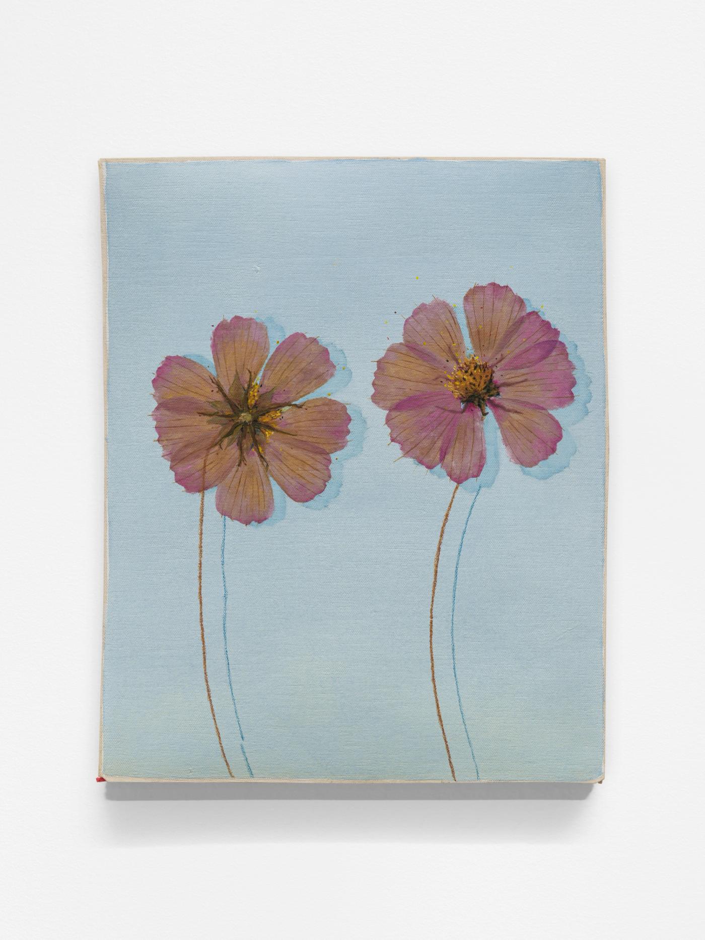 Image of 2 garden cosmos, dried (with shadow), 2026: Oil and pencil on ceramic