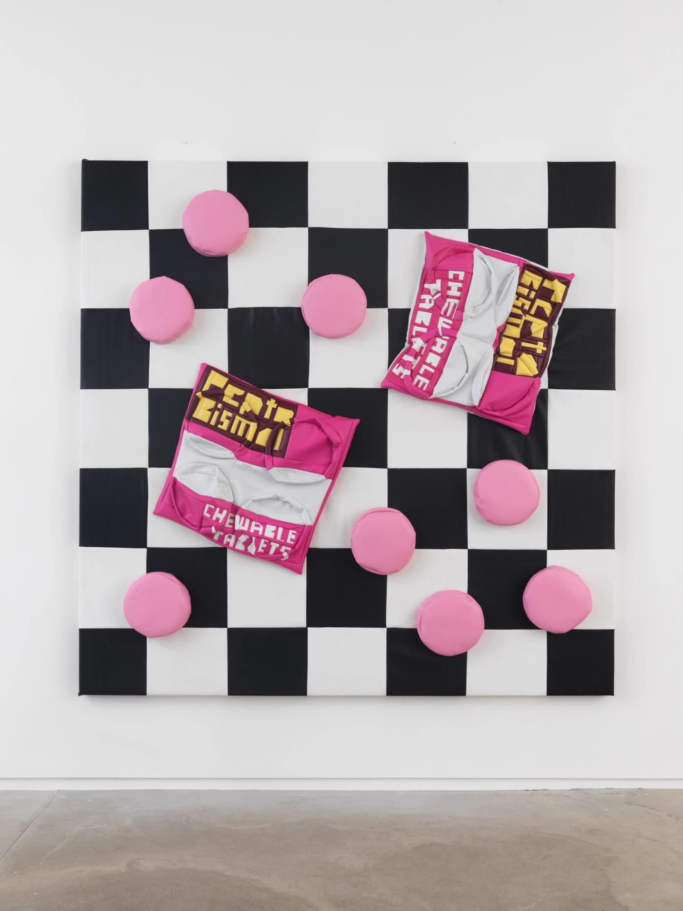 Image of Pepto Bismol on Checkered Floor, 2022: Vinyl and foam