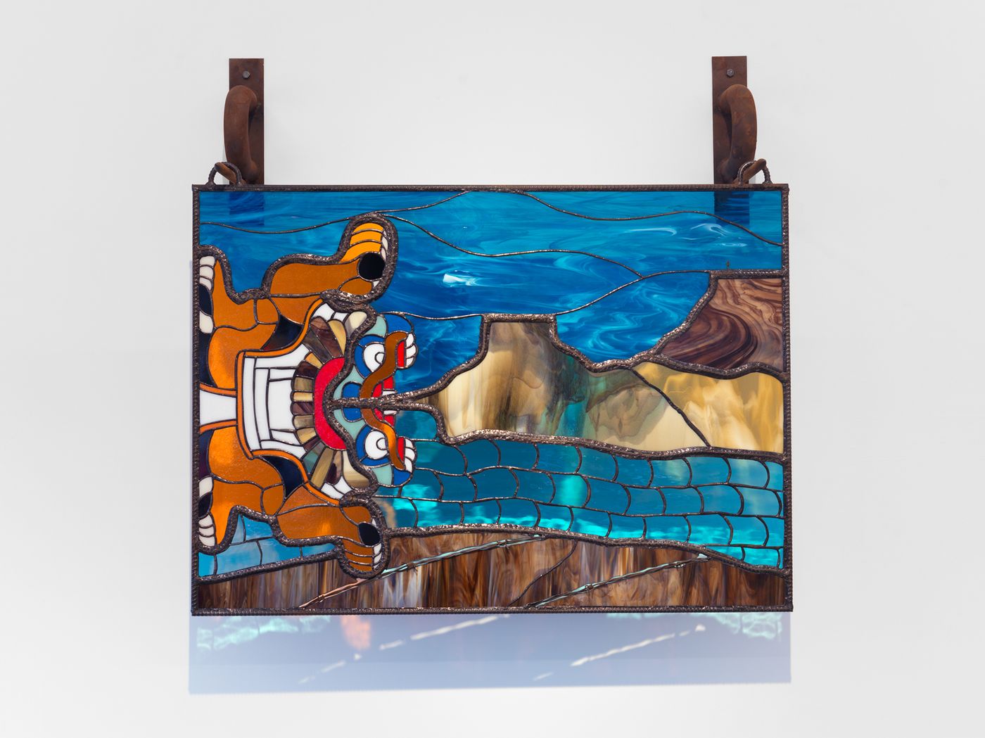 Image of Tlaltecuhtli and the Creation myth, 2022: Rebar steel, steel, stained glass, lead