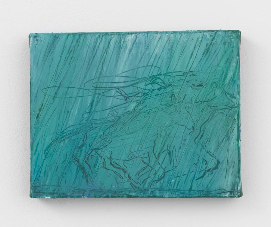 Rita Ackermann, Rider in the Rain, 2025. Acrylic, oil, pastel and graphite on linen. 8 x 10 in (20.3 x 25.4 cm).