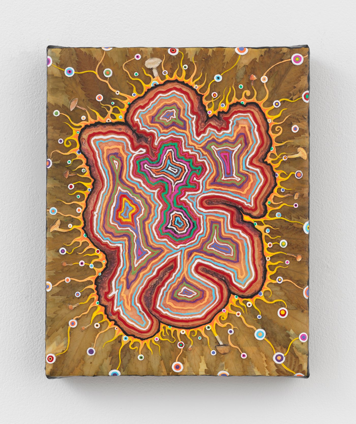 Fred Tomaselli, Stump, 2025. Leaves, acrylic, photo collage and resin on linen. 10 x 8 in (25.4 x 20.3 cm)