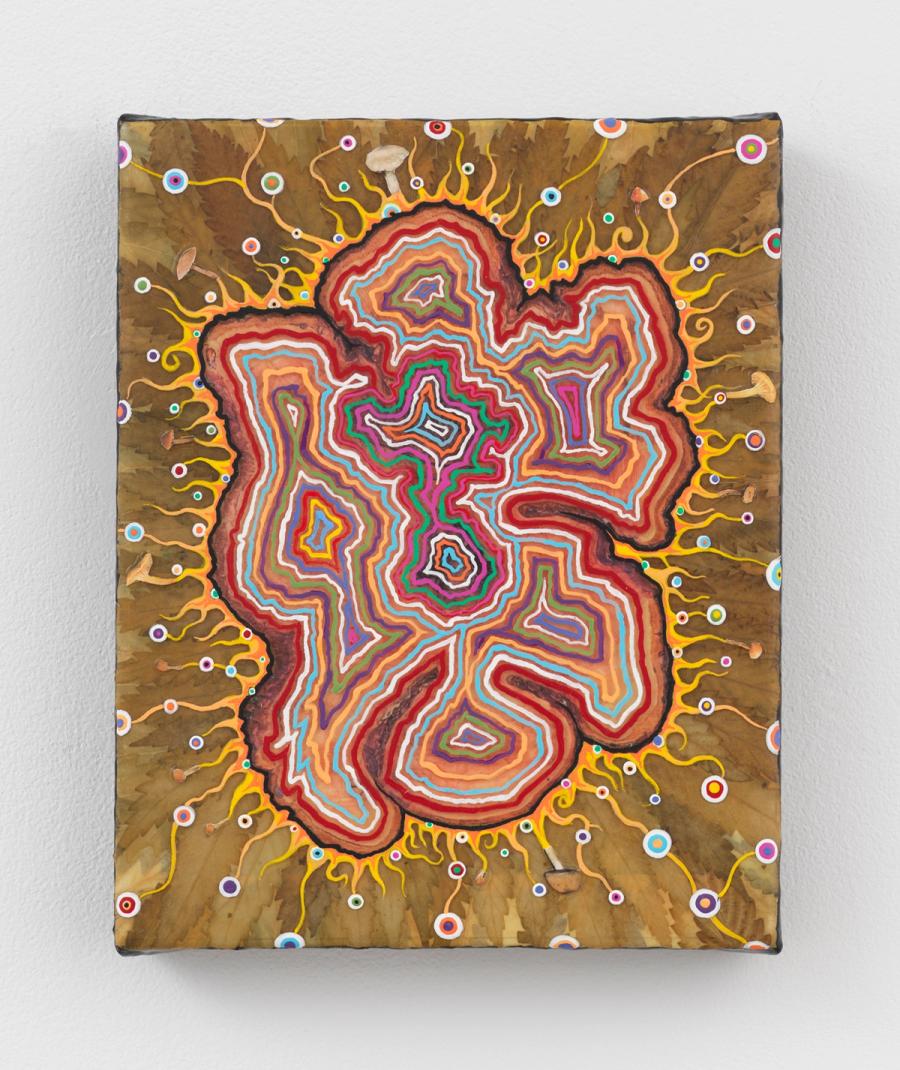 Fred Tomaselli, Stump, 2025. Leaves, acrylic, photo collage and resin on linen. 10 x 8 in (25.4 x 20.3 cm)