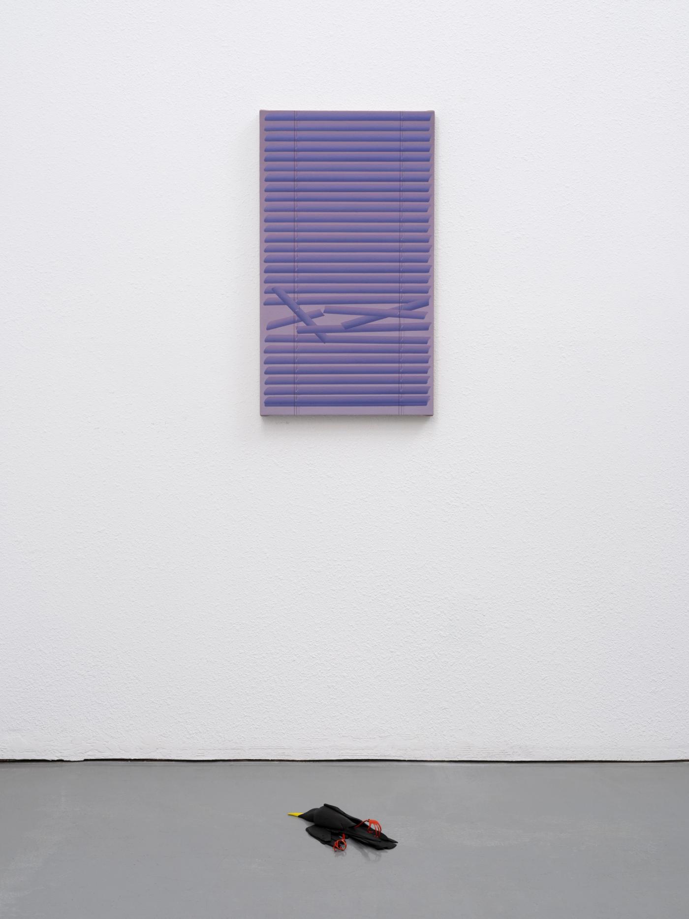 Image of Fort Bastiani, New Redoubt, 2025: Oil, acrylic, thread on gray washed canvas, stained wood, painted and raw stainless steel
