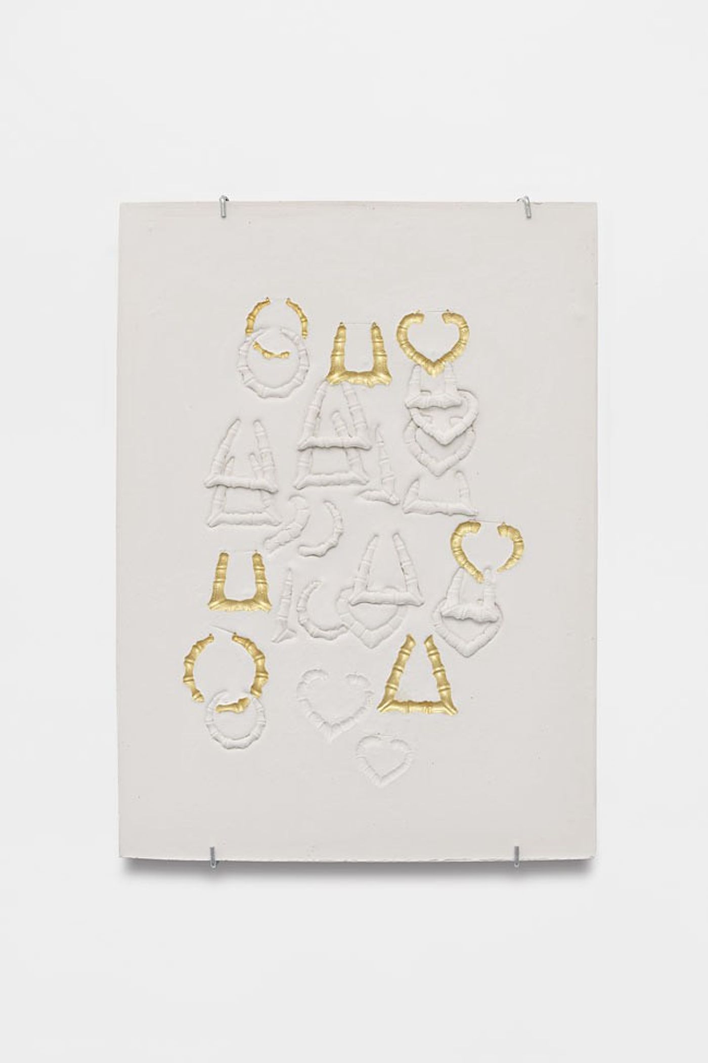 Image of Medium Composition with Doorknocker Earrings, Heart Earrings and Round Earrings with Seven Gold Impressions, 2021: Plaster and acrylic