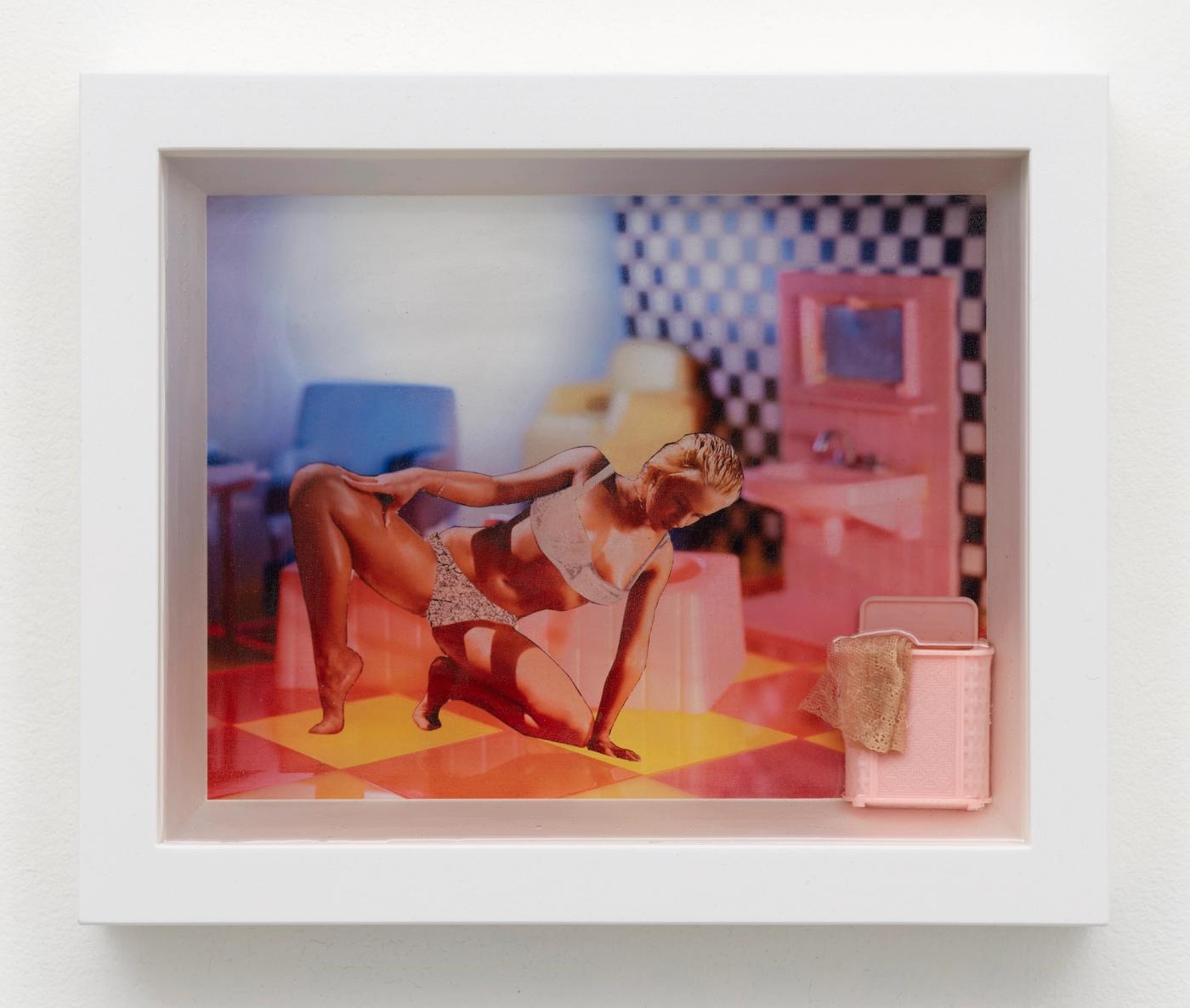 Image of Color Pictures/Deep Photos (Girl in Bra/Checkered Wall/Sink/Hamper), 2022: Ink jet, plastic, resin, fabric, wood