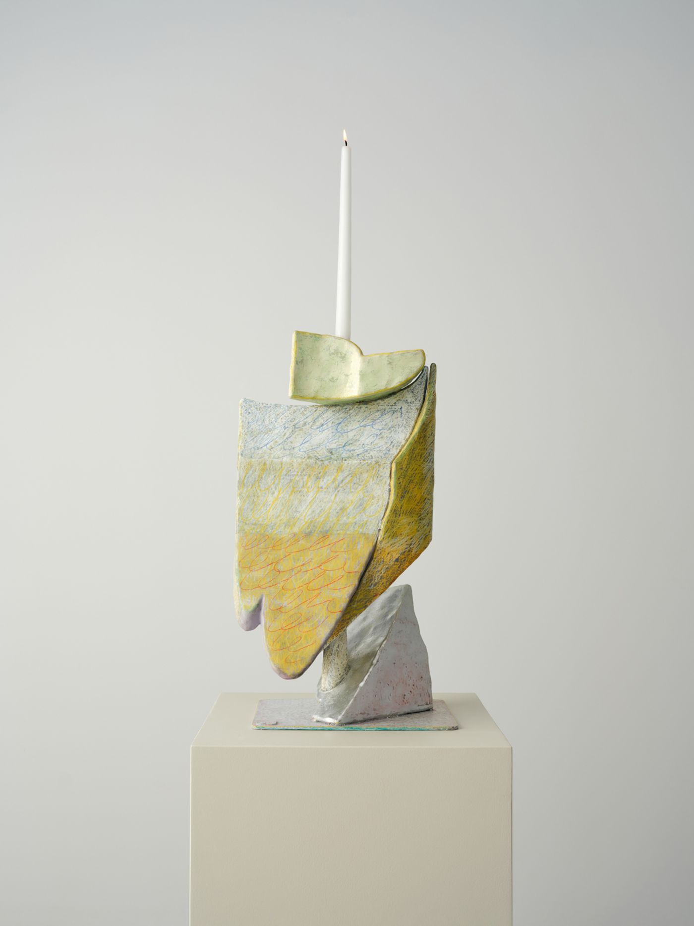 Image of The Hateful Colour, 2026: Stainless steel, gold leaf, aluminum leaf, wax oil pastel, and color pencil