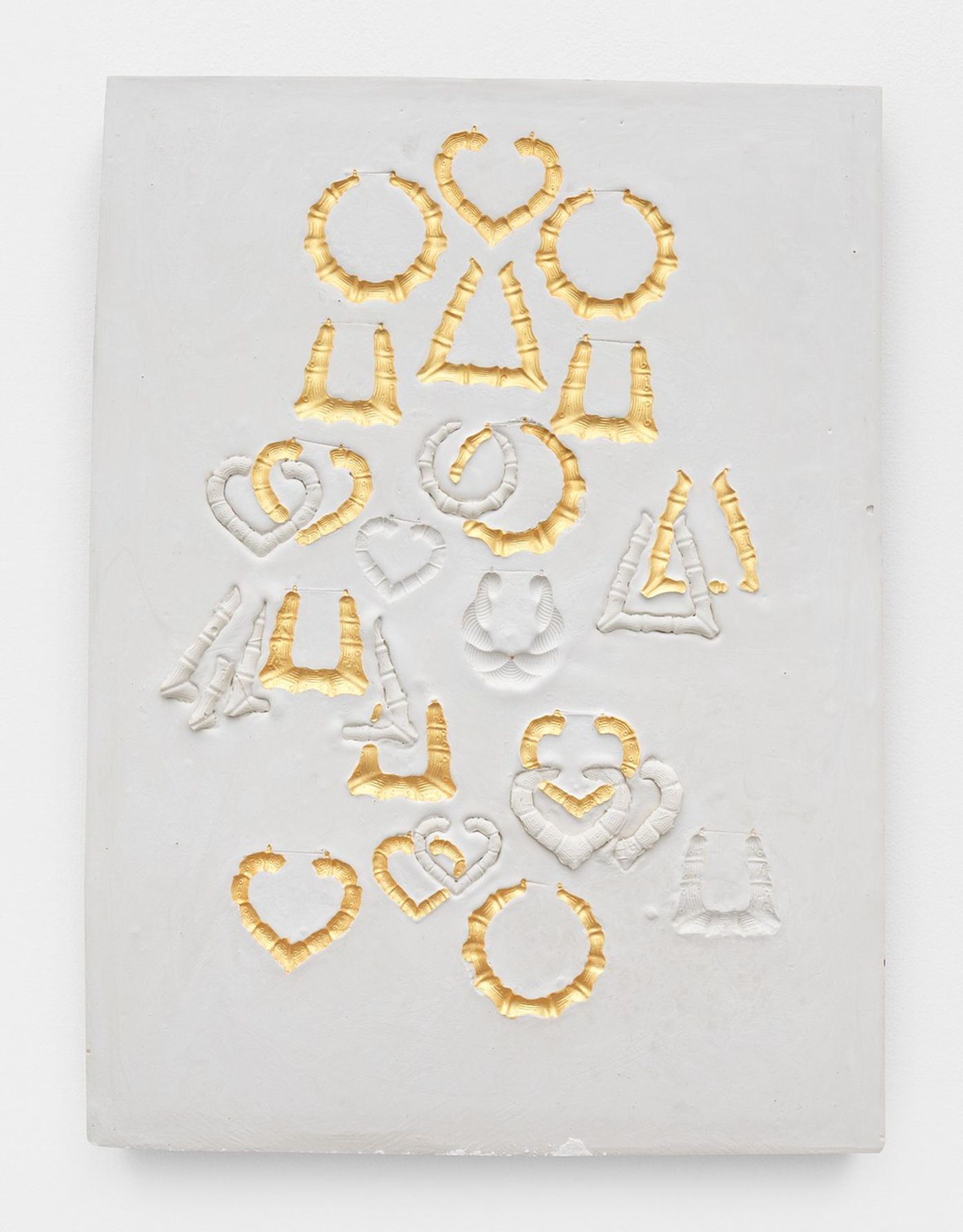 Image of Composition with Round earrings, Heart earrings and Bamboo Earrings with Fifteen Gold Impressions, 2021: Plaster and acrylic