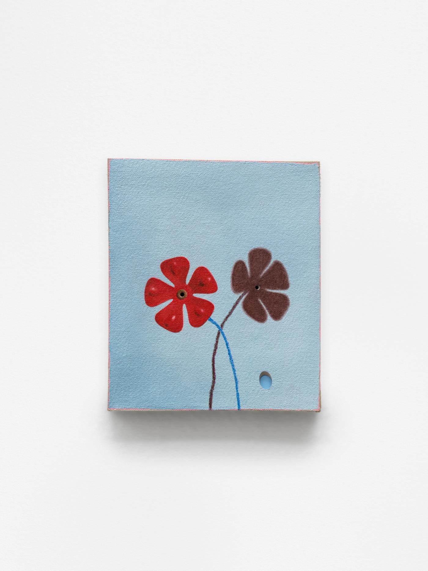 Image of 1 hummingbird feeder flower (with shadow), 2026: Oil and pencil on ceramic
