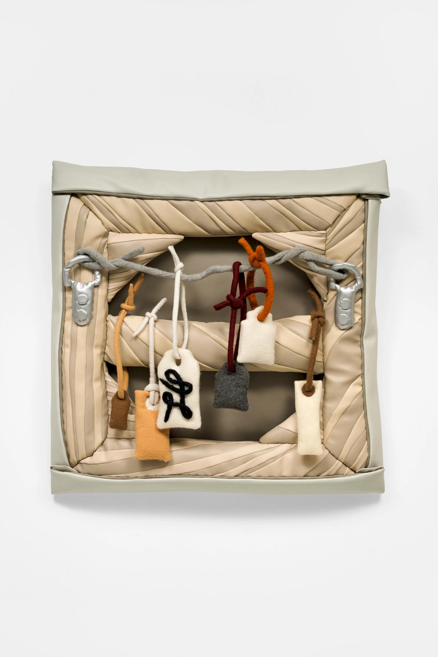 Image of Abstract with Many Tags, 2026: Vinyl, wool, polyfil, wire, and thread