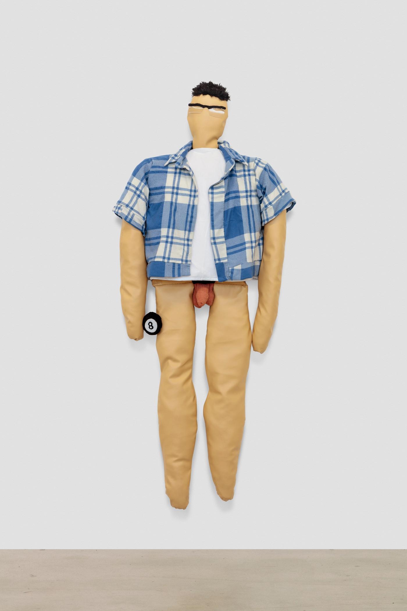 Image of Top with Blue Plaid and 8 Ball, 2021: Vinyl, upholstery foam, polyfil, wood stadium blanket, faux fur