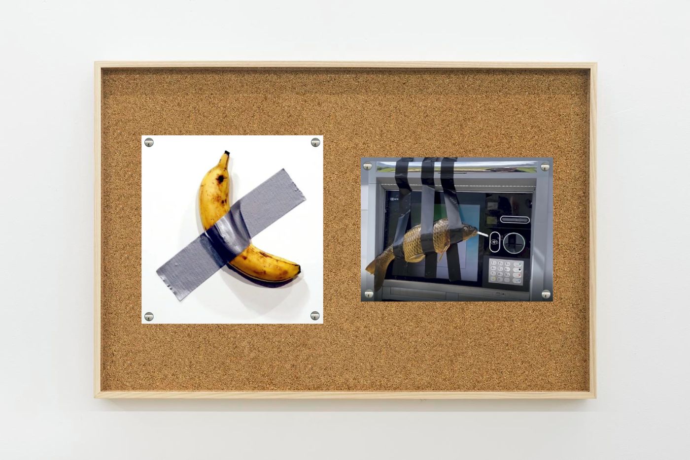 Image of Cattelan/fish, 2025: Collage on corkboard