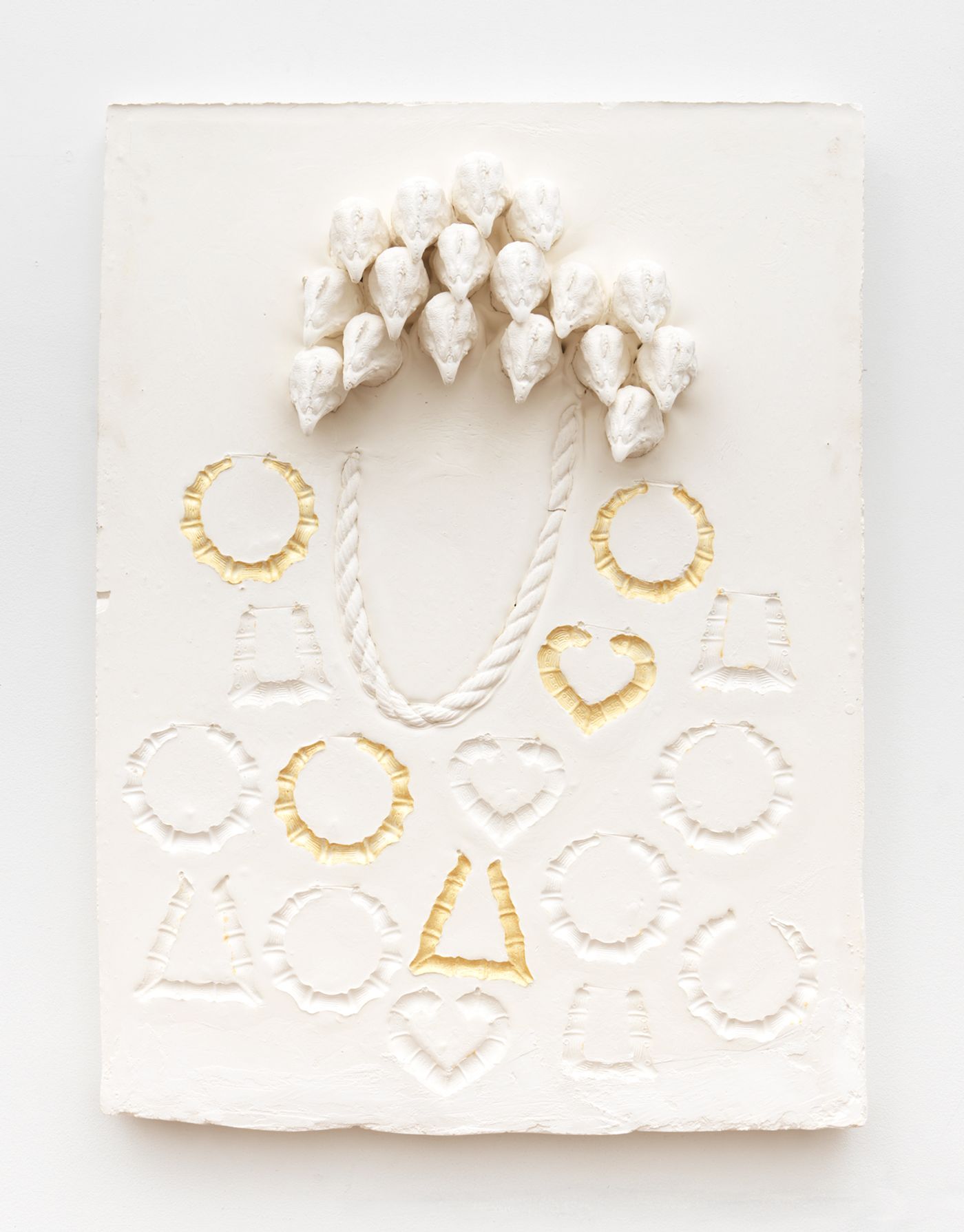 Image of Composition with chicken heads, rope, round earrings, heart earrings and bamboo earrings, 2019: Plaster and acrylic