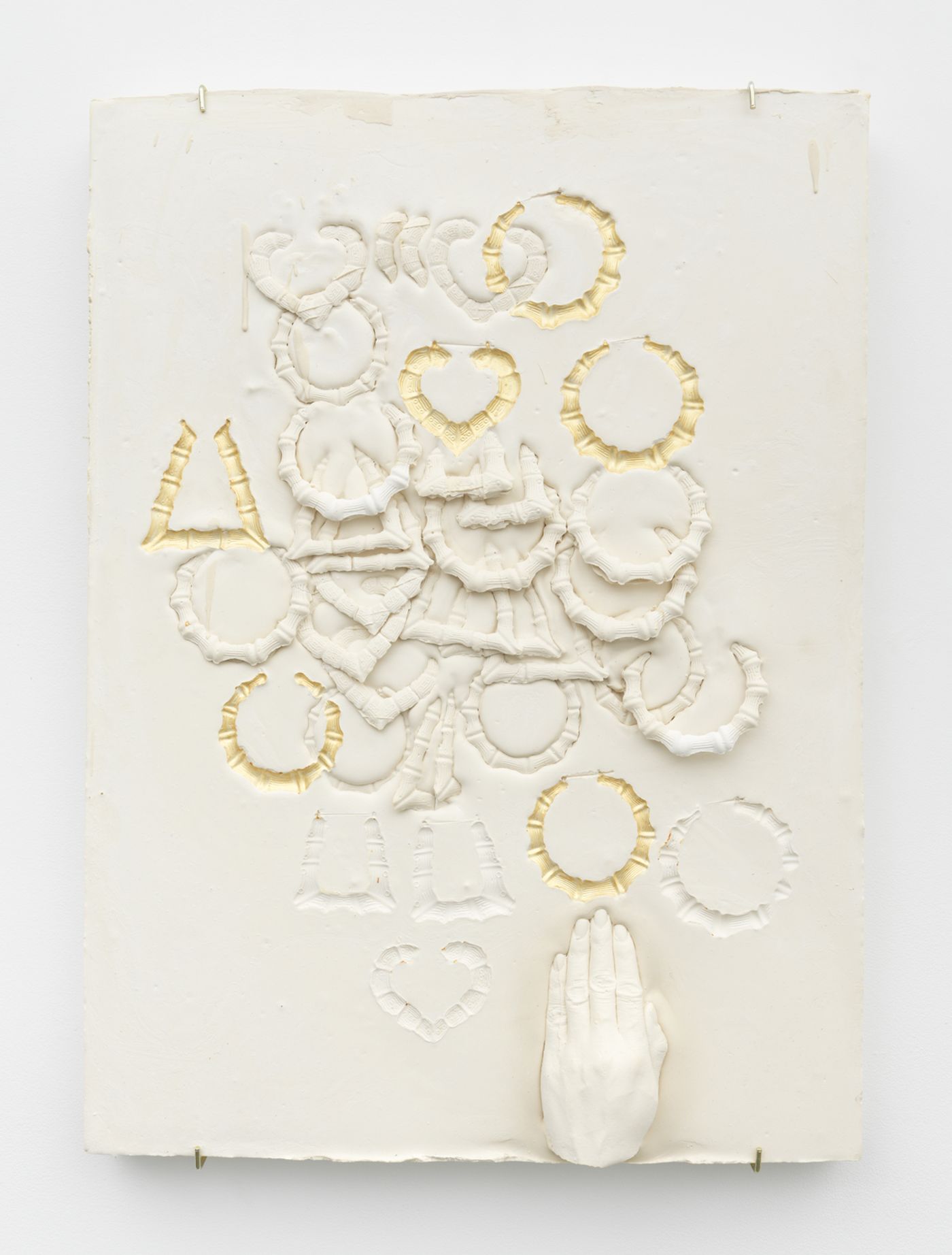 Image of Composition with Bamboo Earrings, Impressed with Gold Overlapping with Hand , 2019: Plaster, foam, and acrylic