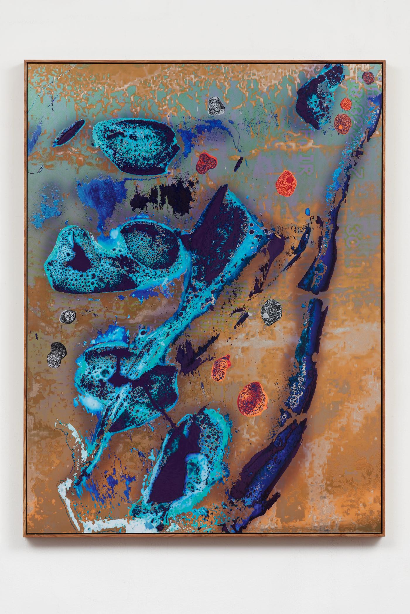 Image of In Between Channel (A Gauze Pad of Sarcasm), 2023: Oil paint, varnish, UV-cured ink on mirror polished aluminum laminate in artist's frame