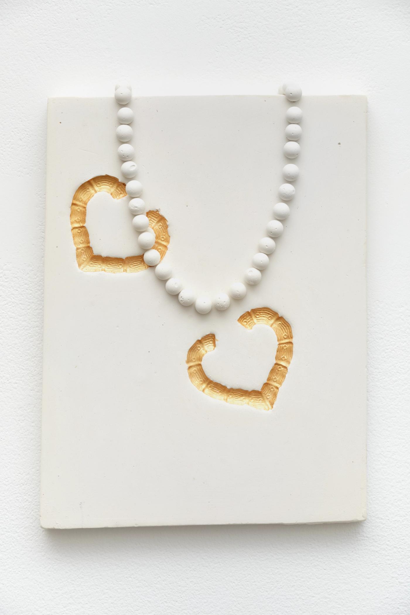 Image of Pearl Strand with Two Gold Hearts Doorknocker Impressions Study, 2025: Plaster, foam