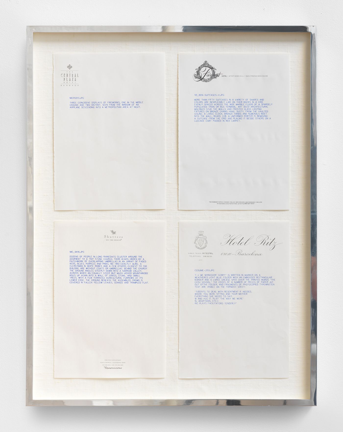 Kevin Zucker, No Hotel, 2014. Ballpoint pen on pages from Martin Kippenberger's No Drawing No Cry 4 drawings, each 8.3 x 11.7 in, Framed: 28.5 x 21.5 in (72.4 x 54.6 cm).