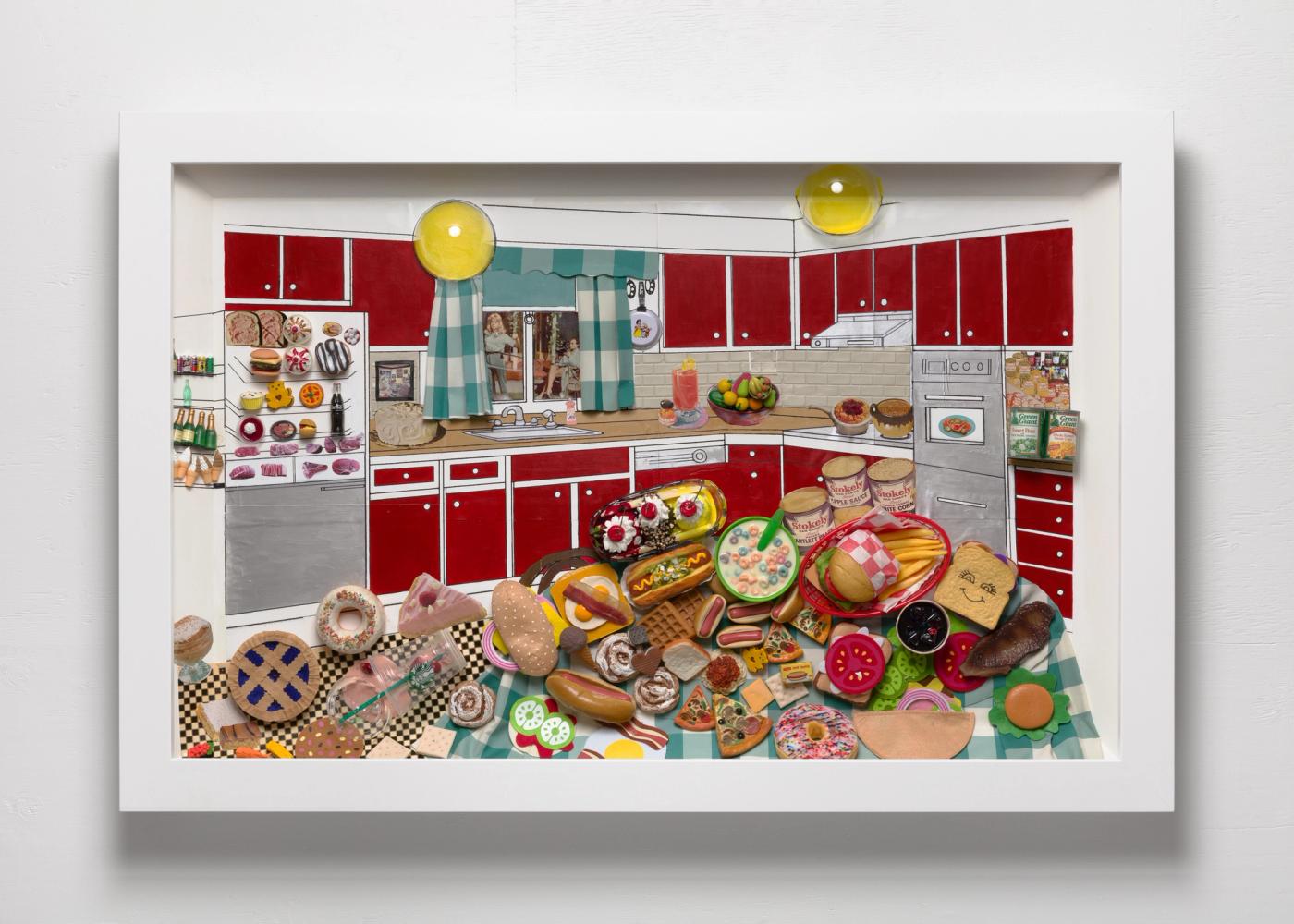 Image of Deep Photos (Instant Decorator/Red and White Kitchen), 2021: Acrylic, plastic, polyester, felt, velcro, epoxy resin, plastic, paper, metal, permanent marker, tape, plexiglass