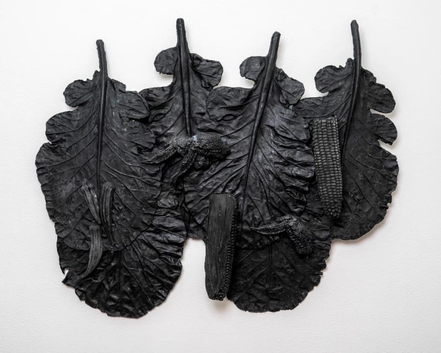 Still Life with Five Large Collard Leaves, Two Corn Cobbs, Three Okra Pods, and Three Chicken Wings