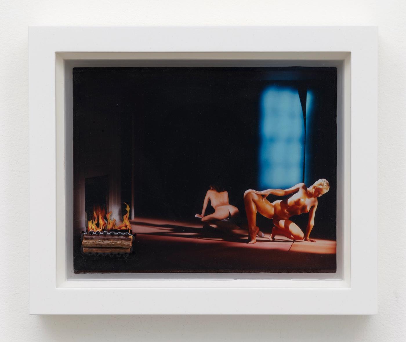 Image of Color Pictures/Deep Photos (Two Women/Fireplace), 2022: Flex print, plastic, paper, acrylic paint, resin, wood