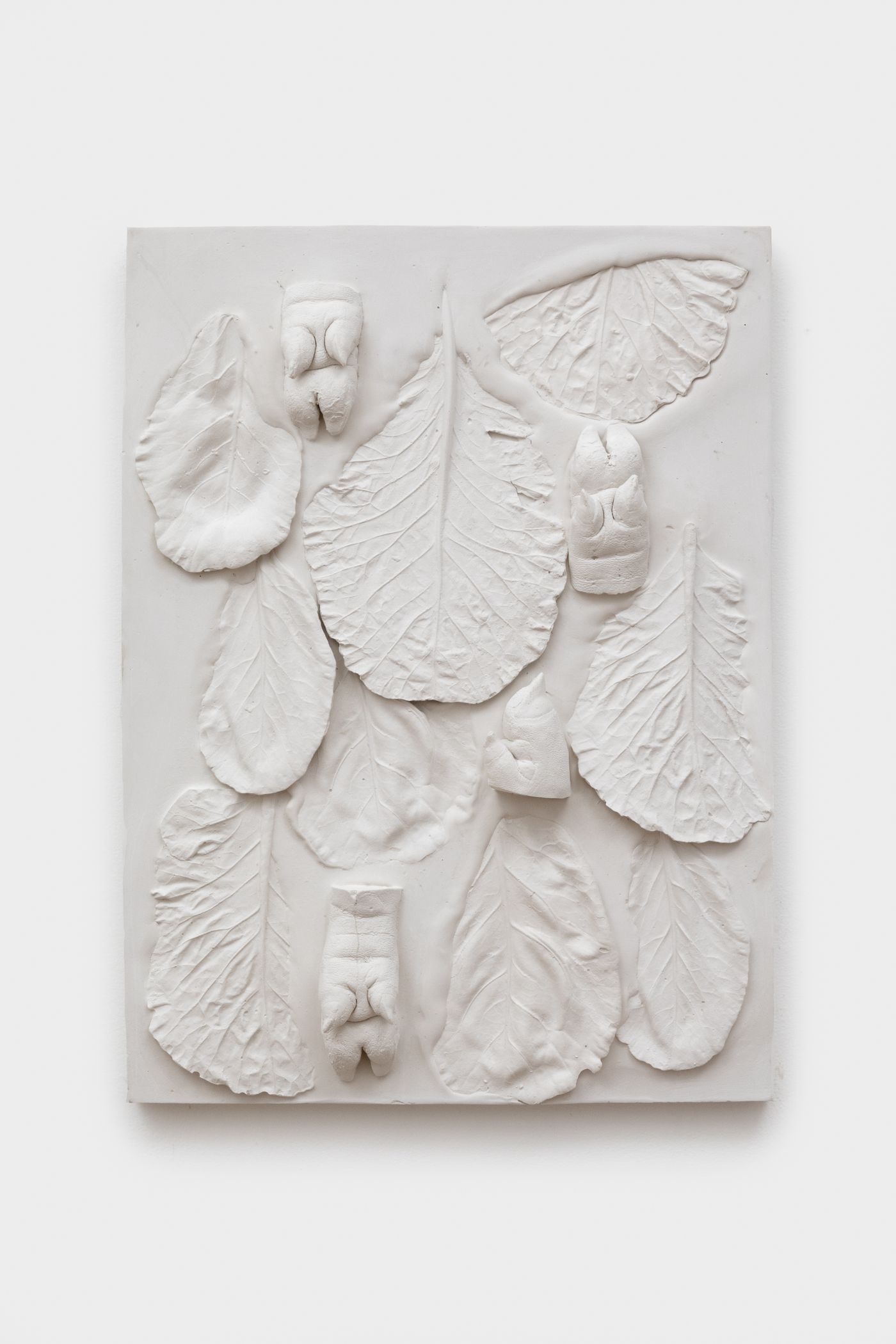 Image of Medium Relief Composition with Nine Collard Green Leaves and Four Pig Feet, 2025: Plaster, Foam, and Wood