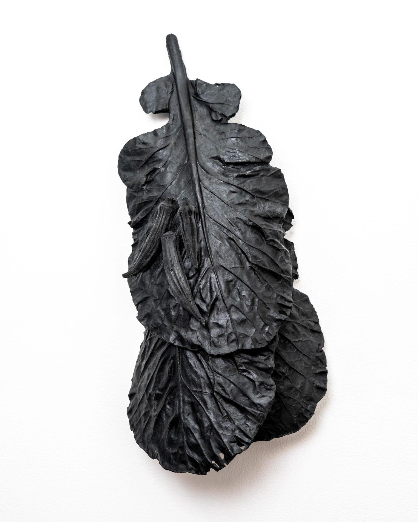 Image of Still Life with Three Collard Leaves and Three Okra Pods, 2026: Polyurethane and acrylic
