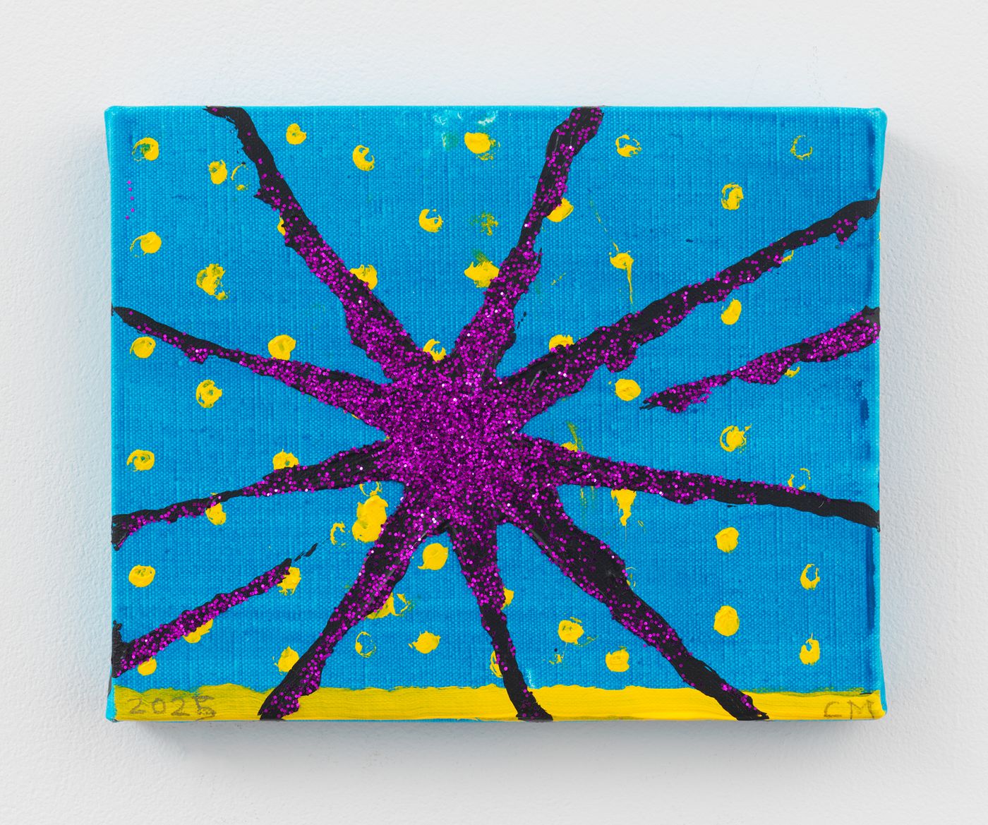 Chris Martin, Small Magenta Burst (for Josh Smith), 2025. Acrylic and glitter on linen. 8 x 10 in (20.3 x 25.4 cm)