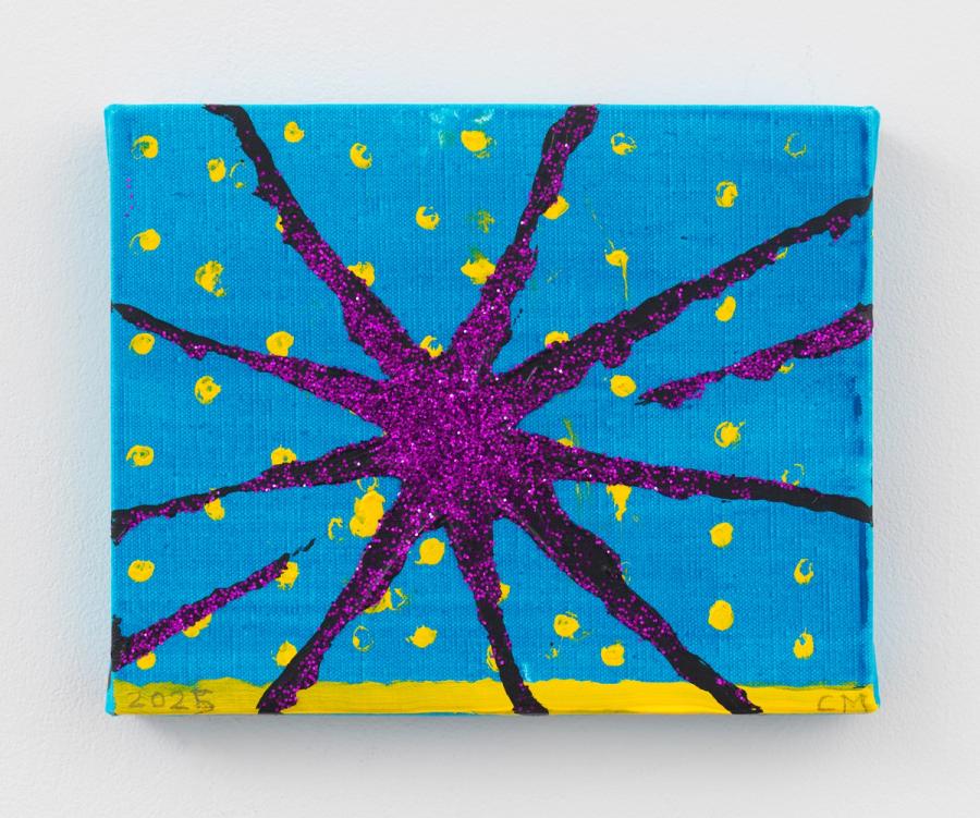 Chris Martin, Small Magenta Burst (for Josh Smith), 2025. Acrylic and glitter on linen. 8 x 10 in (20.3 x 25.4 cm)