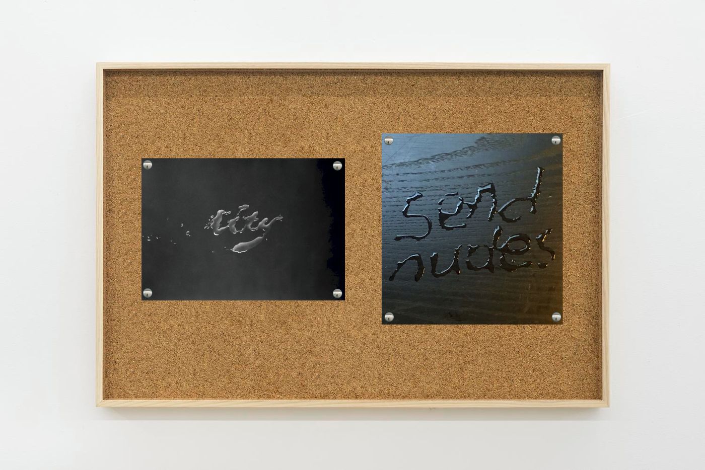 Image of Ruscha/nudes, 2025: Collage on corkboard