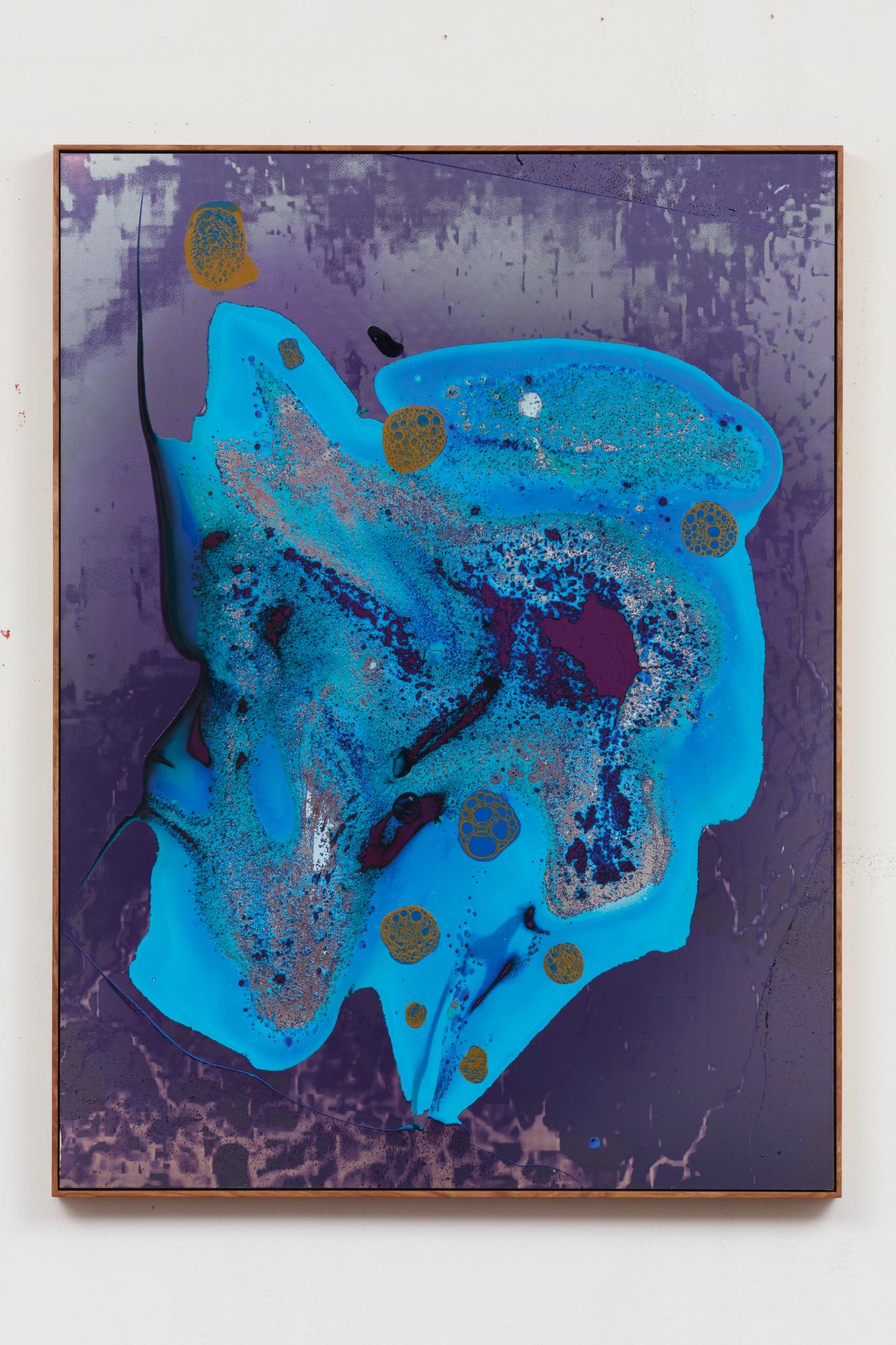Image of Dazzle Evolution (Flat Screen Solution), 2024: Oil paint, varnish, UV-cured ink on mirror polished aluminum laminate in artist's frame