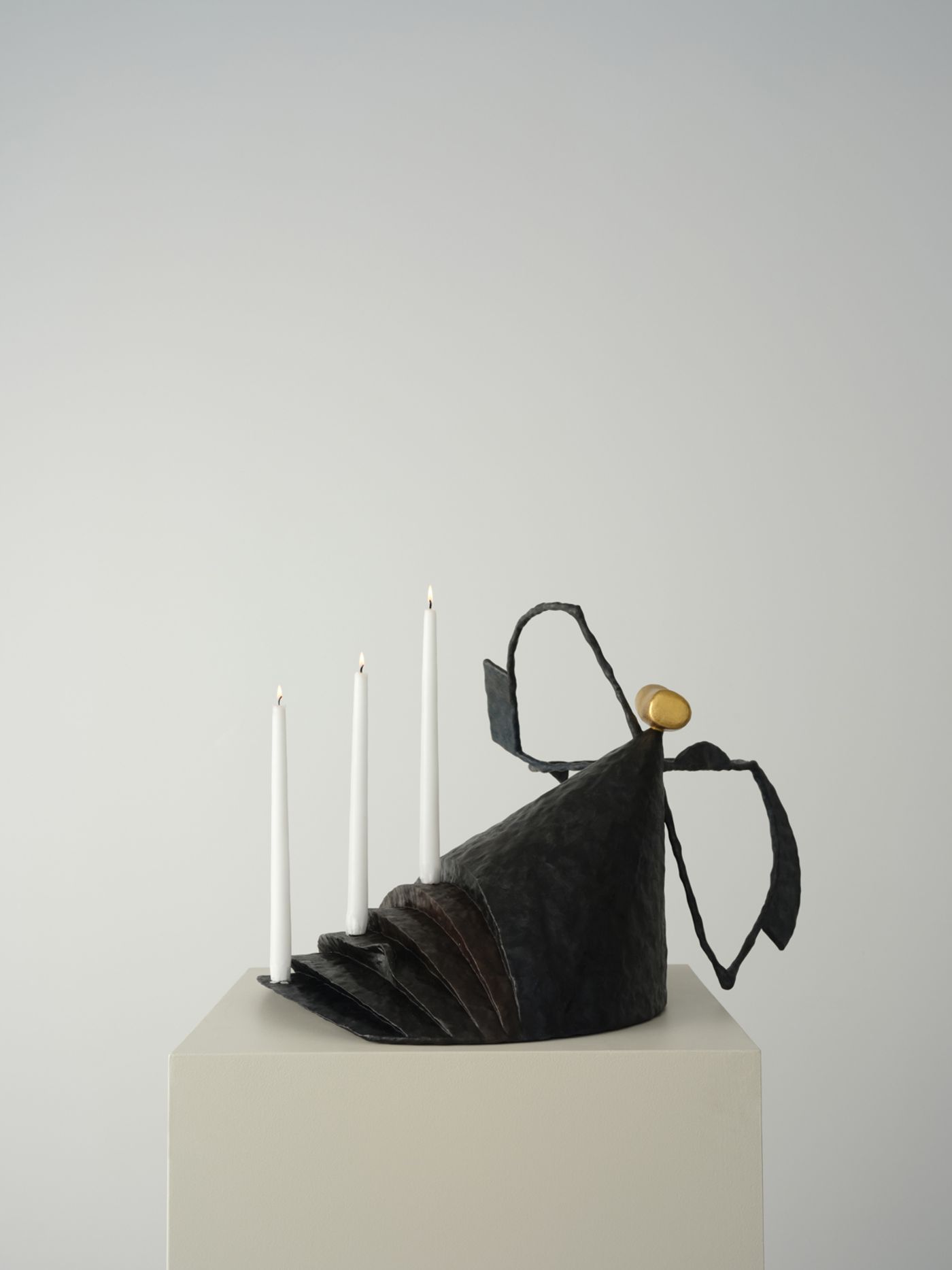 Image of Stop!, 2026: Stainless steel, oil, and gold leaf
