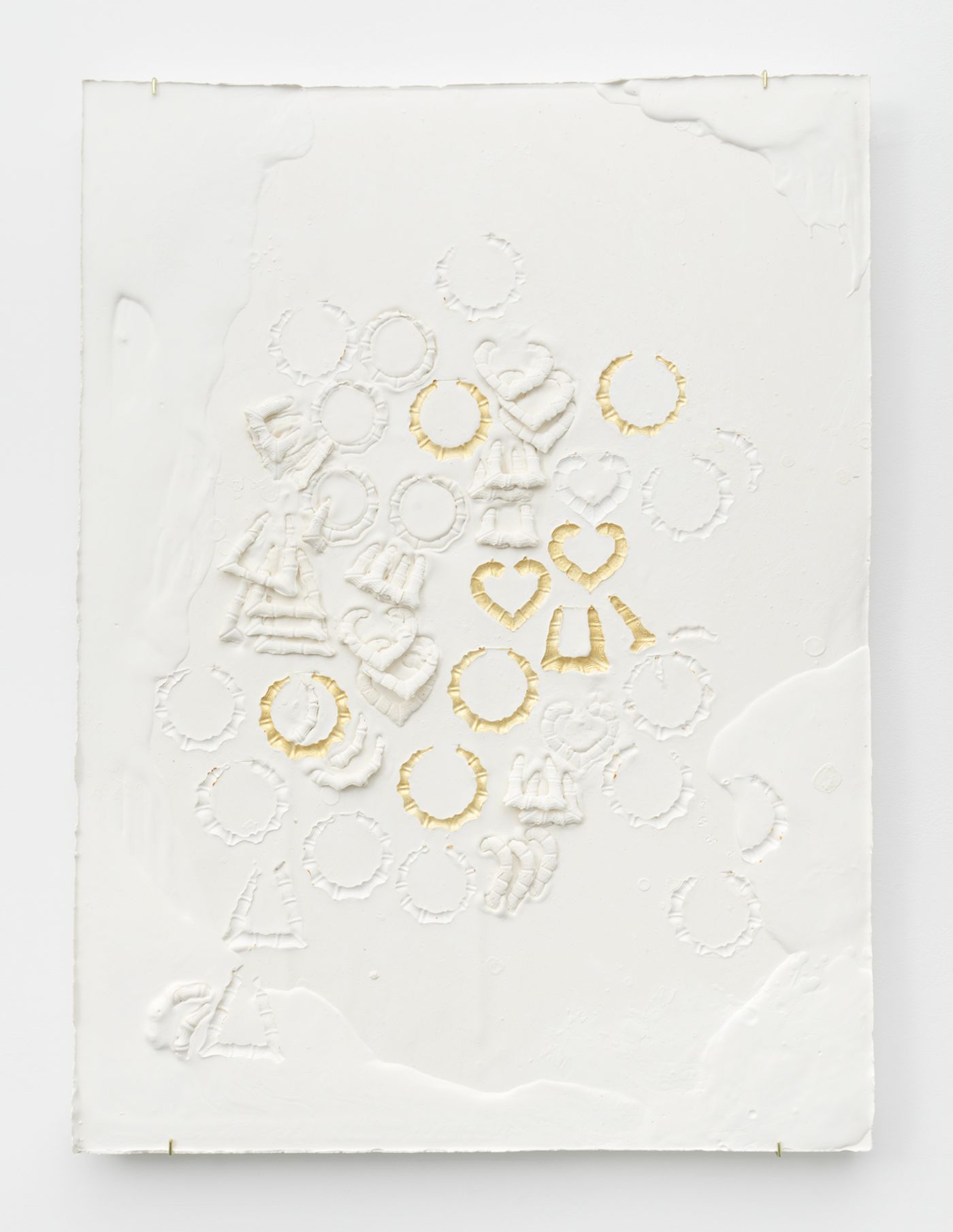 Image of Composition with Round Heart and Triangle Bamboo Earrings, Impressed with Gold, 2019: Plaster, foam, and acrylic