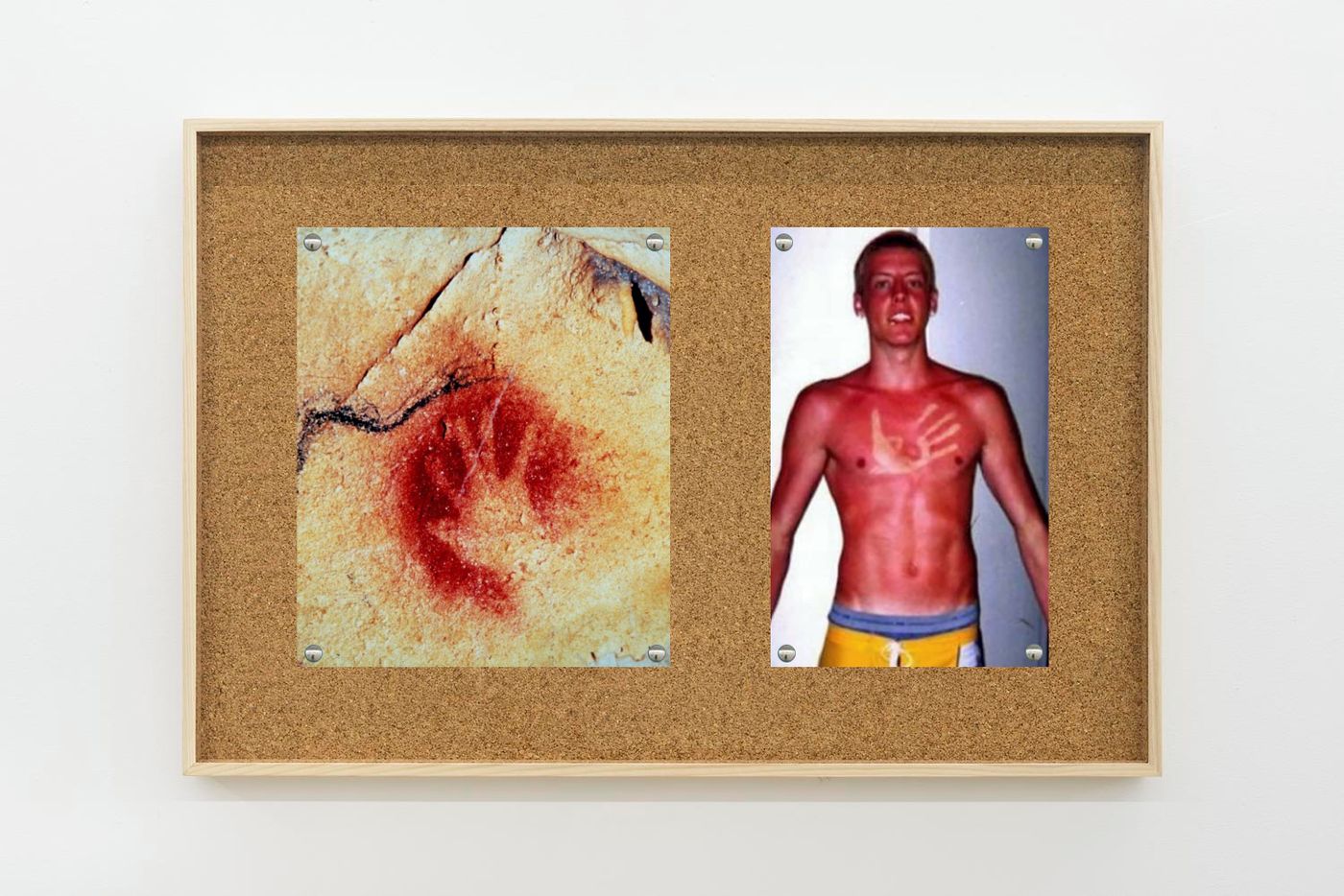 Image of Caveman/sunburn, 2025: Collage on corkboard