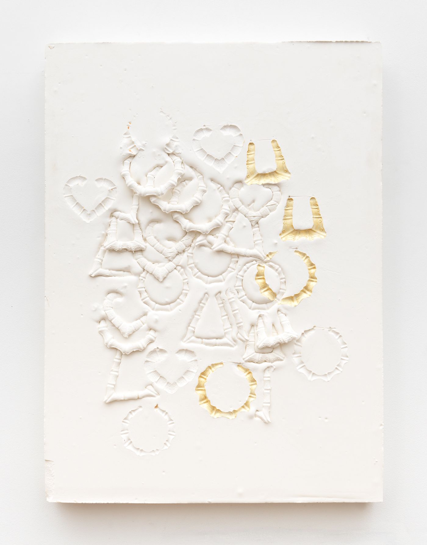 Image of Composition with round earrings, heart earrings and bamboo earrings, 2019: Plaster and acrylic