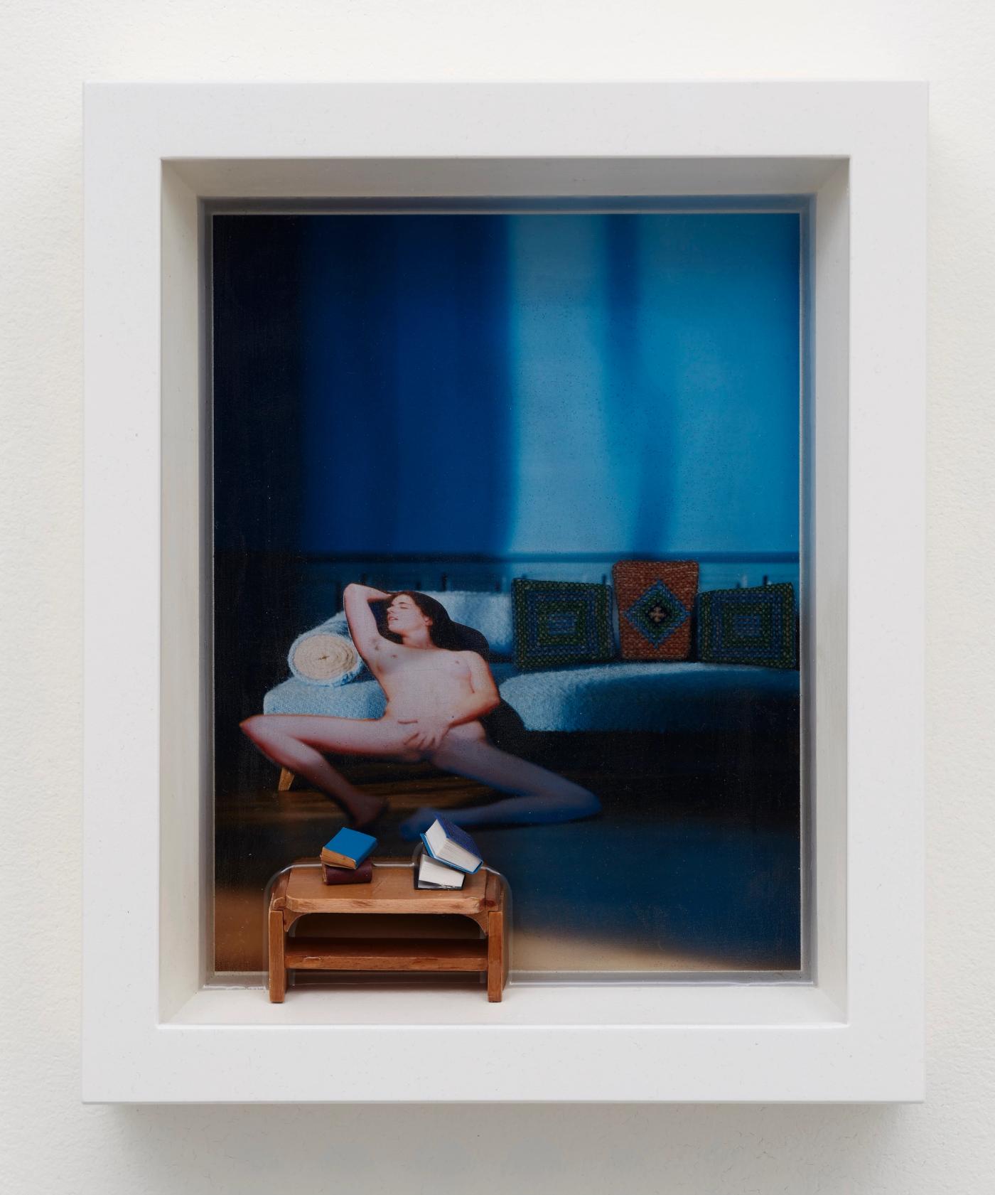 Image of Color Pictures/Deep Photos (Blue Sofa/Coffee Table/Books), 2022: Ink jet, plastic, paper, resin, wood
