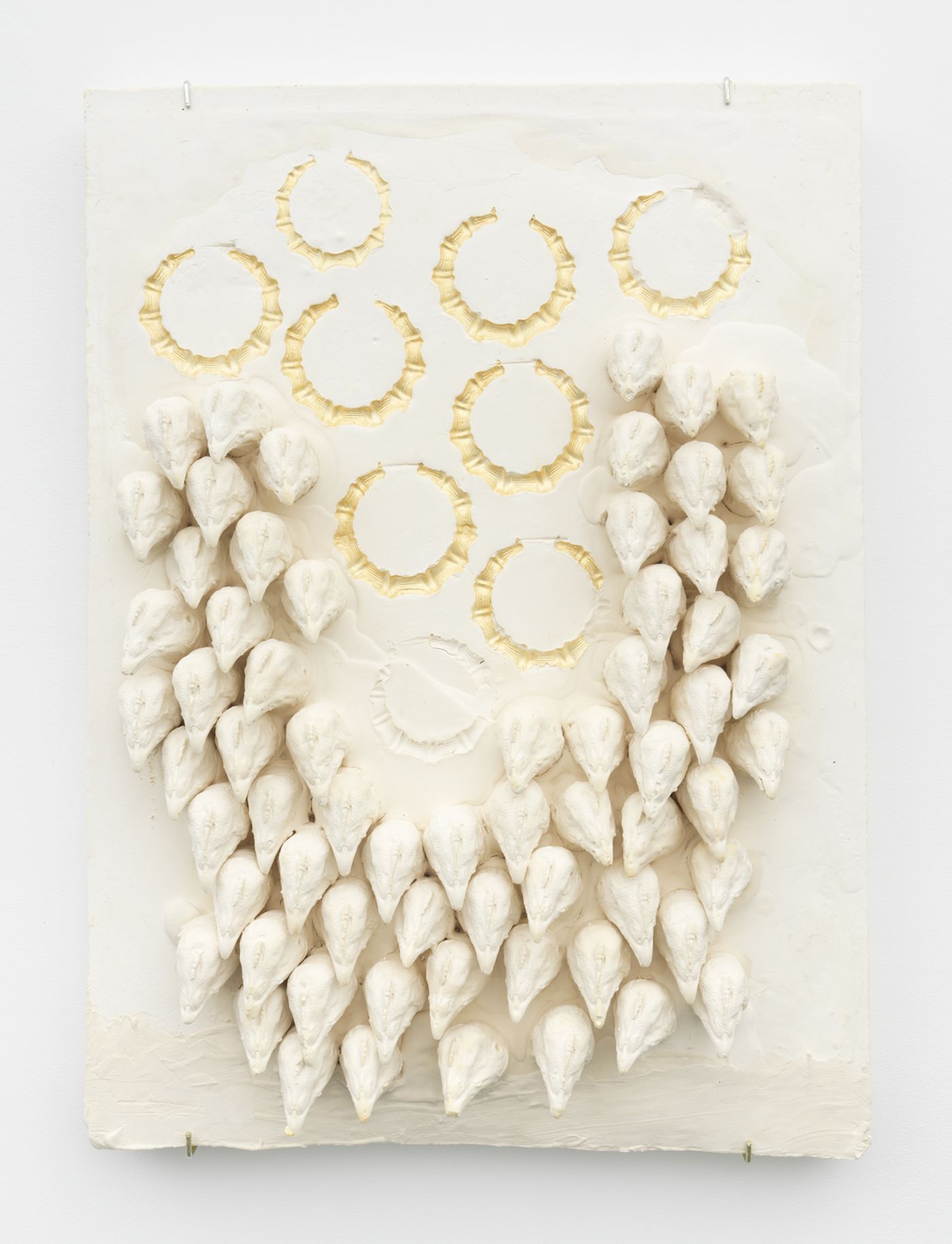 Image of Composition with Chicken Heads and Round Bamboo Earrings, Impressed with Gold , 2019: Plaster, foam, and acrylic