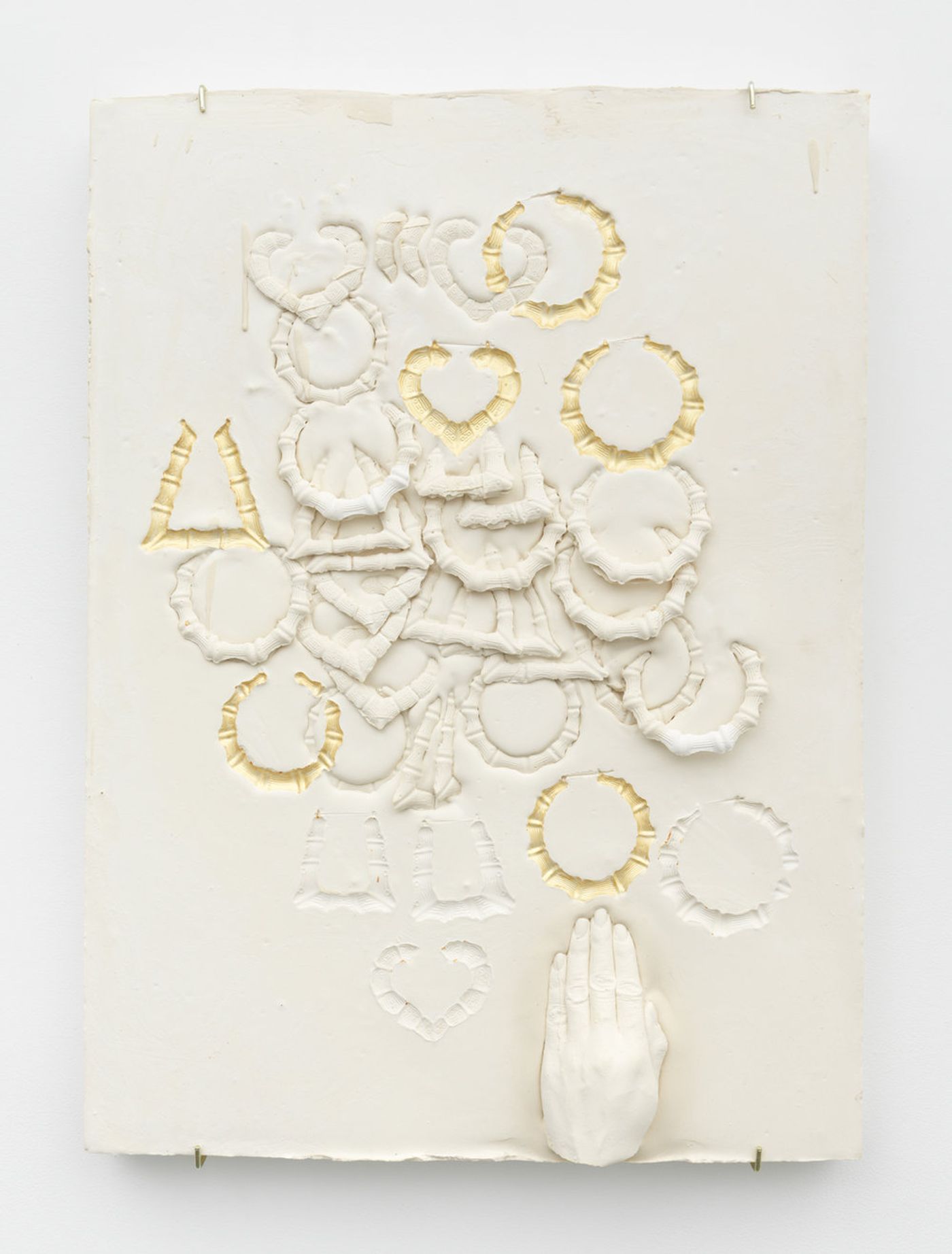 Image of Composition With Round Bamboo Earrings Overlapping, Impressed With Gold, 2019: Plaster, foam, and acrylic