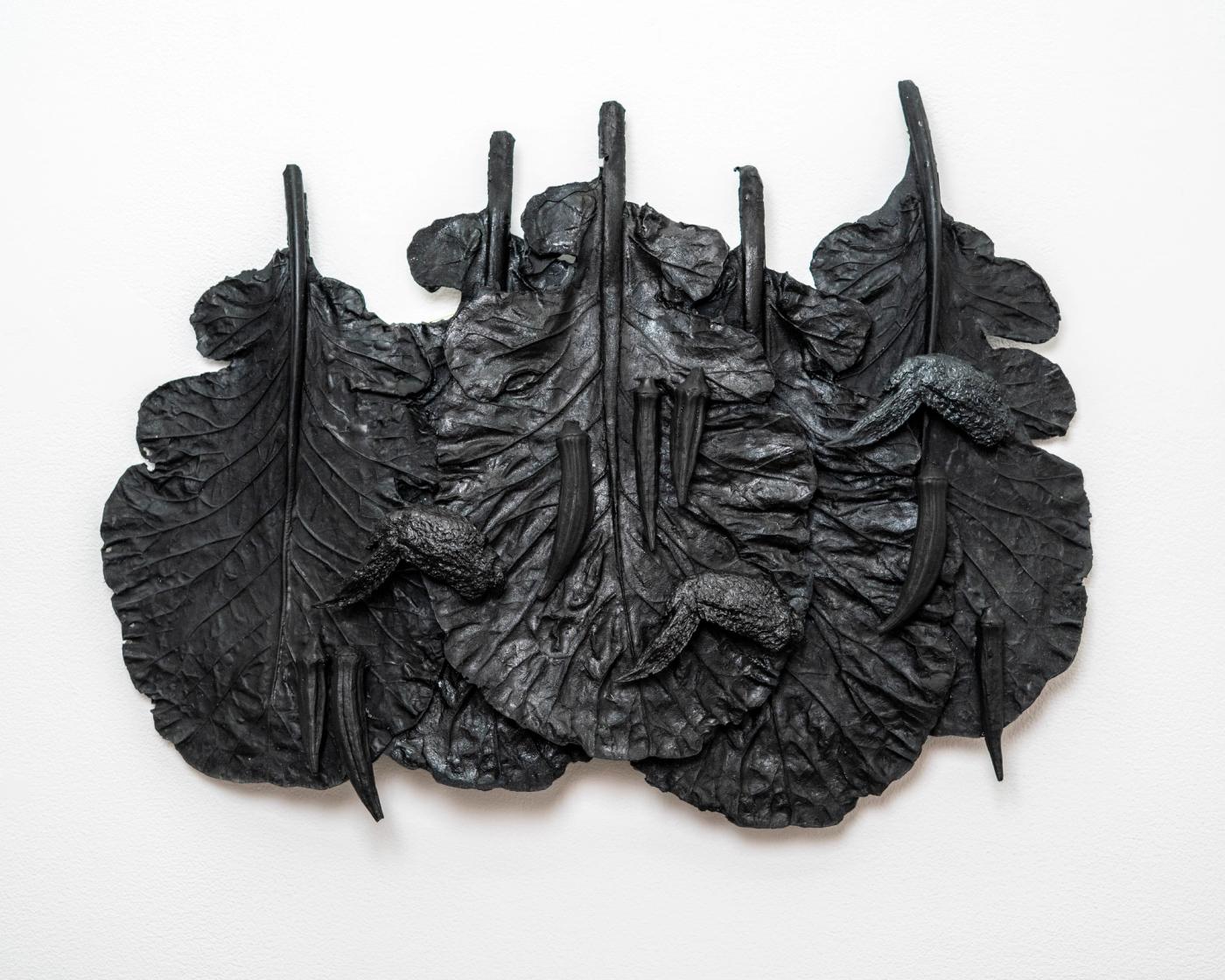 Image of Still Life with Five Collard Leaves, Three Chicken Wings, and Six Okra Pods, 2026: Polyurethane and acrylic