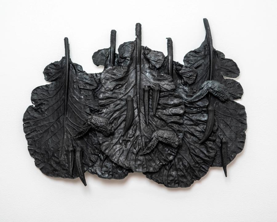 Still Life with Five Collard Leaves, Three Chicken Wings, and Six Okra Pods