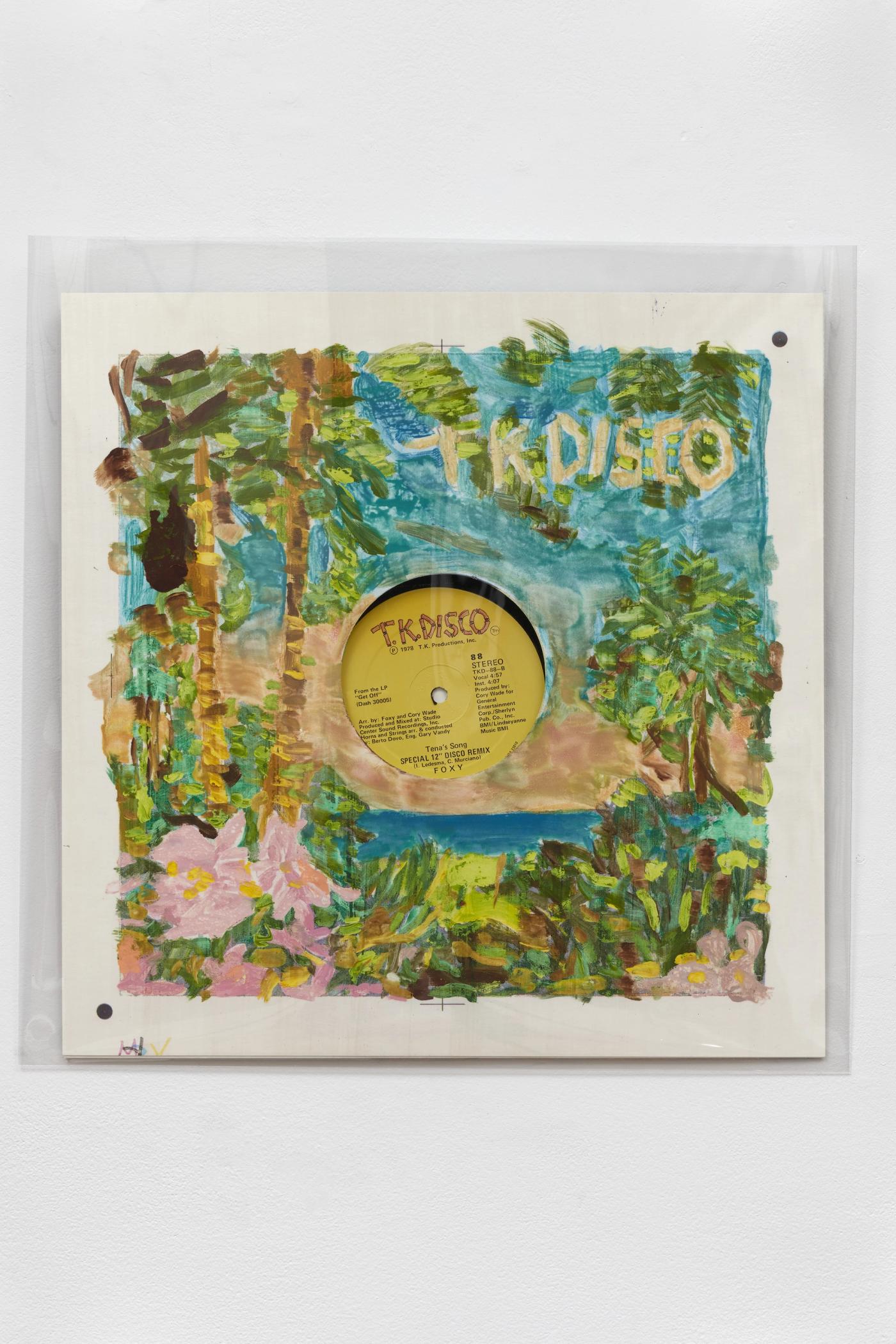 Image of Untitled, 2025: Gouache on monoprint, vinyl record