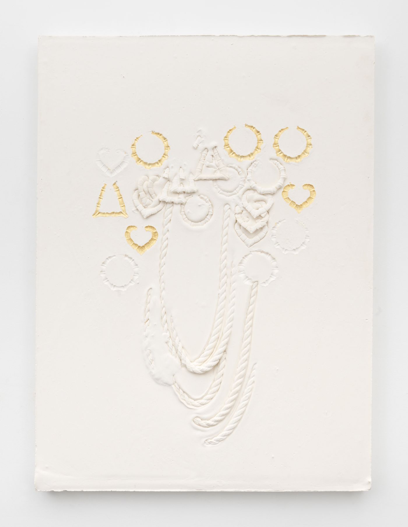 Image of Composition with ropes, round earrings, heart earrings and bamboo earrings, 2019: Plaster and acrylic