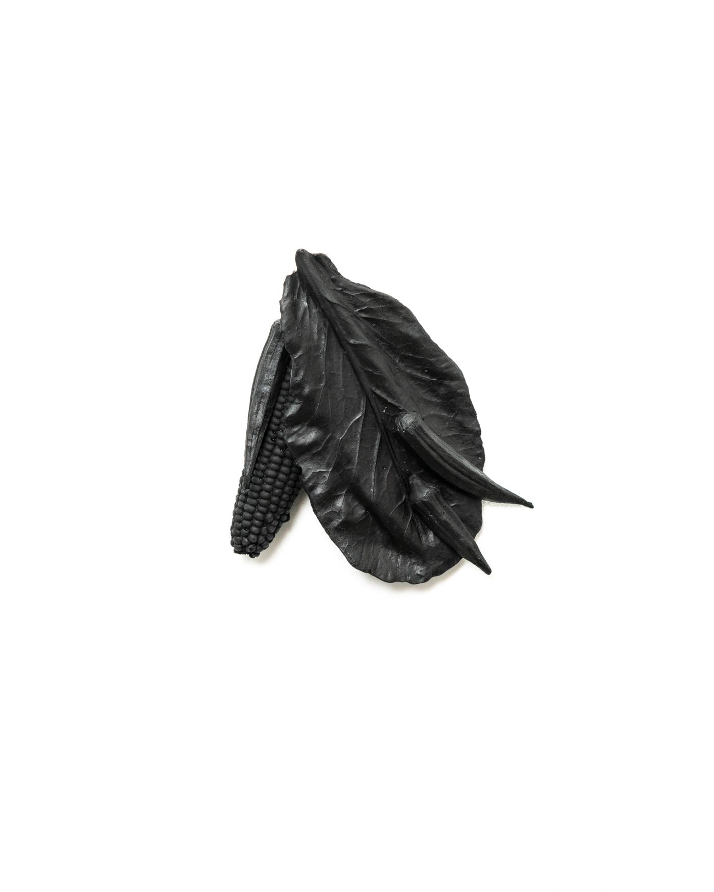 Image of Still Life with Small Collard Leaf, Three Okra Pods and Corn Cobb, 2026: Polyurethane and acrylic
