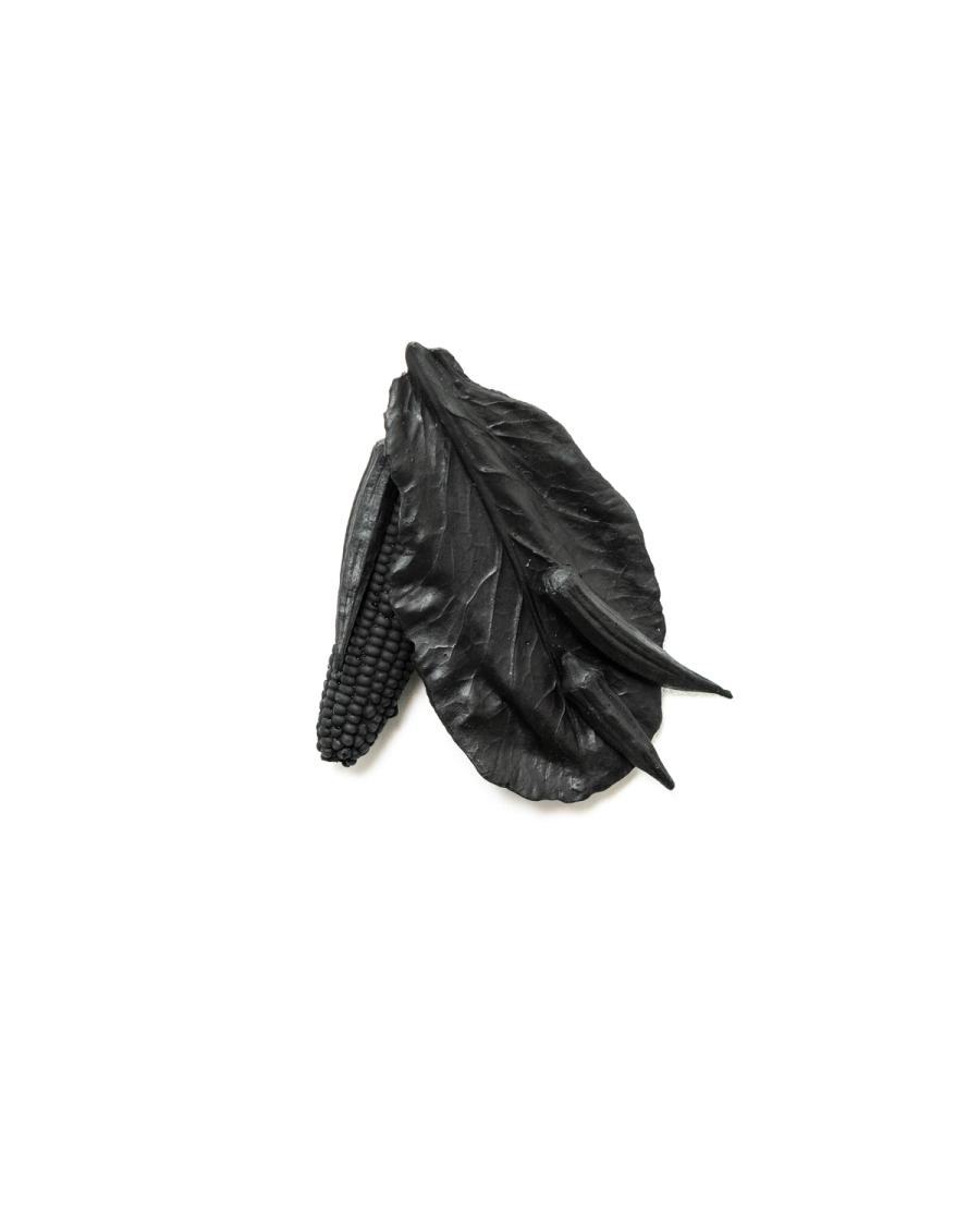 Still Life with Small Collard Leaf, Three Okra Pods and Corn Cobb